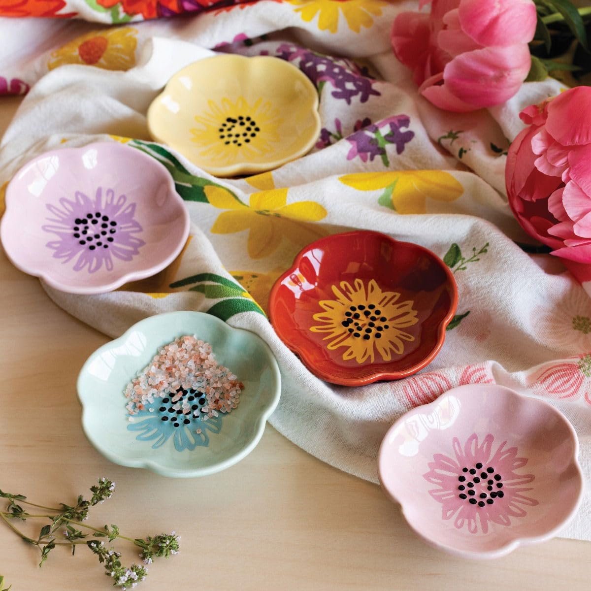 Now Designs Flower Shaped Ceramic Pinch Bowl Set, Soy Sauce Dish, Set of 6