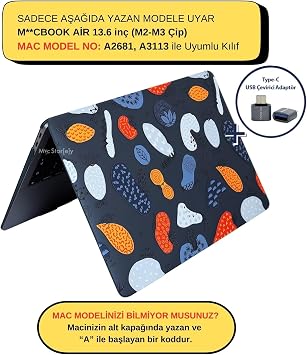 McStorey MacBook Air 13.6 İnç Meyve Desenli Kılıf A2681 A3113 A3240 A3449 M2 M3 M4 M5 Uyumlu Parlak Sert Kapak Hard Case Siyah