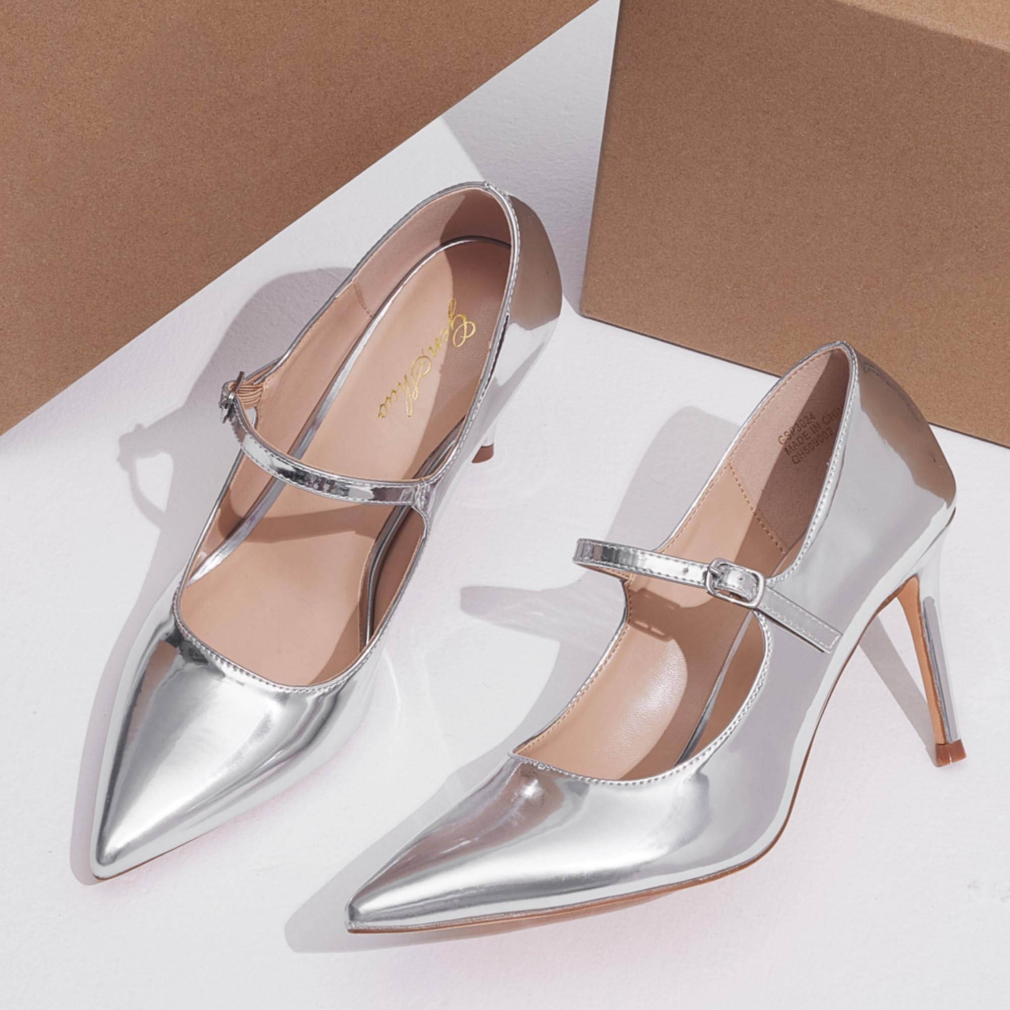 GENSHUO Zapatos de Salón Mary Jane para Mujer, Tacón de Aguja 8 cm, Punta Fina, Cuero Charol, Elegantes y Cómodos para Oficina, Fiesta, Diseño Vintage