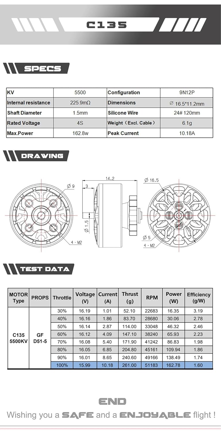 Axisflying C135 1305 5500KV FPV Brushless Motor 4S Lipo 1.5mm Shaft for RC 2.0inch Cinewhoop 2.5inch Toothpick FPV Drones (4PCS C135 5500KV)