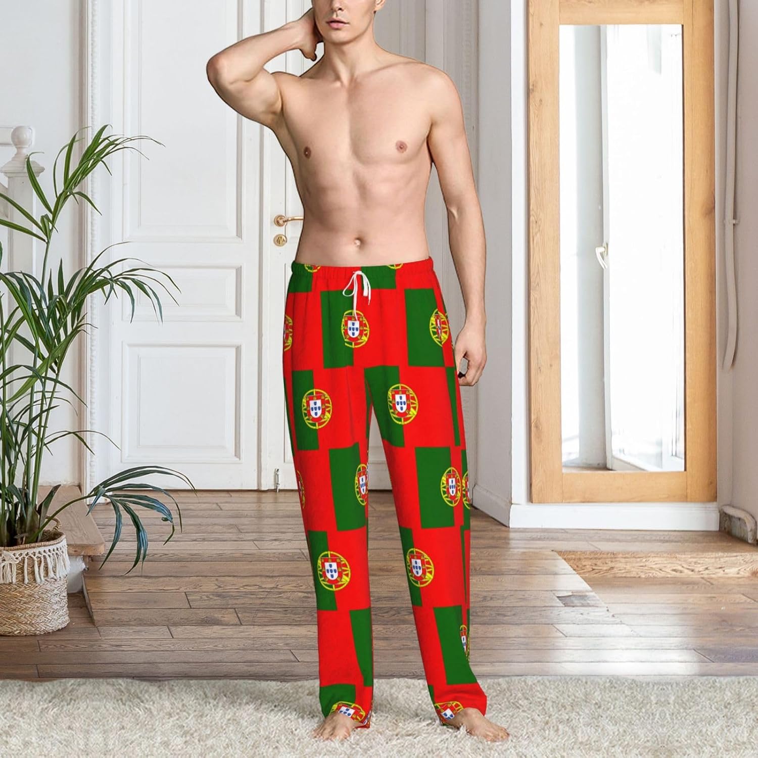 Portuguese Flag Print Mens Flannel Pajama Pants,Warm Christmas Pjs,Comfortable Lounge Pants For Men
