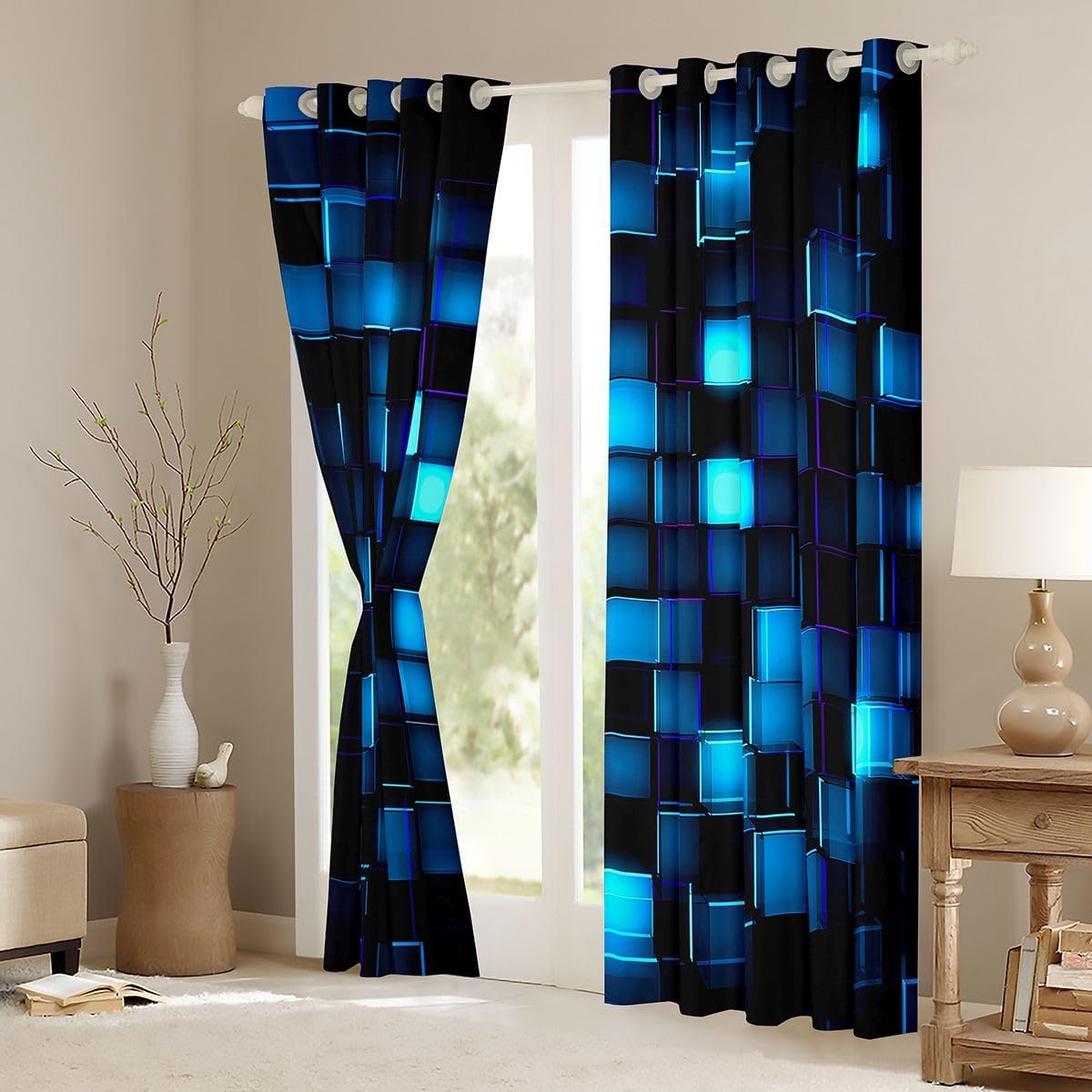 Castle Fairy Neon Blue Grid Window Curtain | Video Games Blackout Curtain for Kids Bedroom Decor,Geometric Pixelated Block Curtains 3D Block Theme Living Room Top 2 Panels,38Wx54L image 4