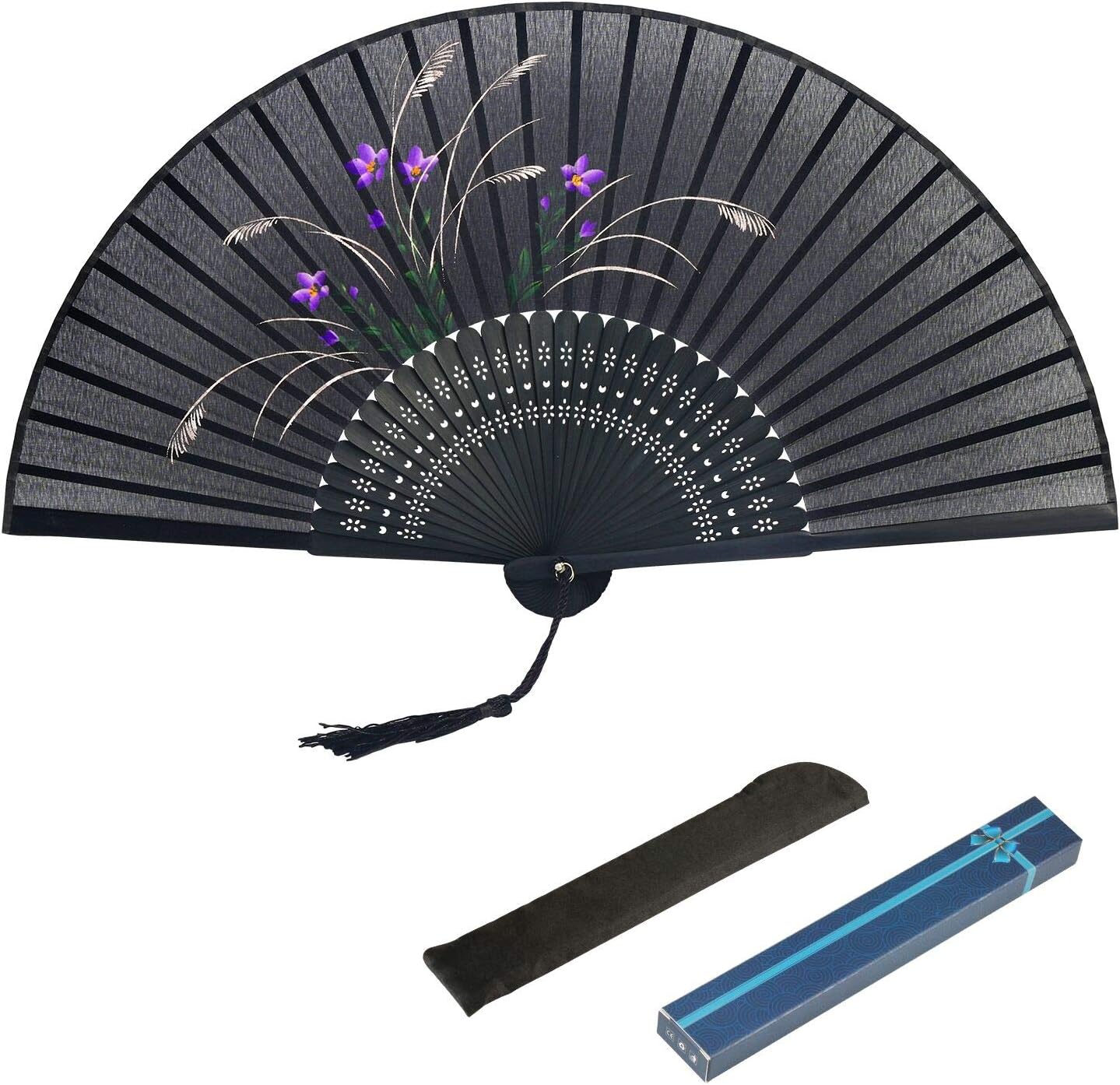 KAKOO Black Hand Fan Silk Fabric Orchid Pattern Bamboo Handheld Folding Fan Chinese Oriental Style Handmade For DIY Wall Decoration Wedding Party Dancing Show Props Gift Boxed