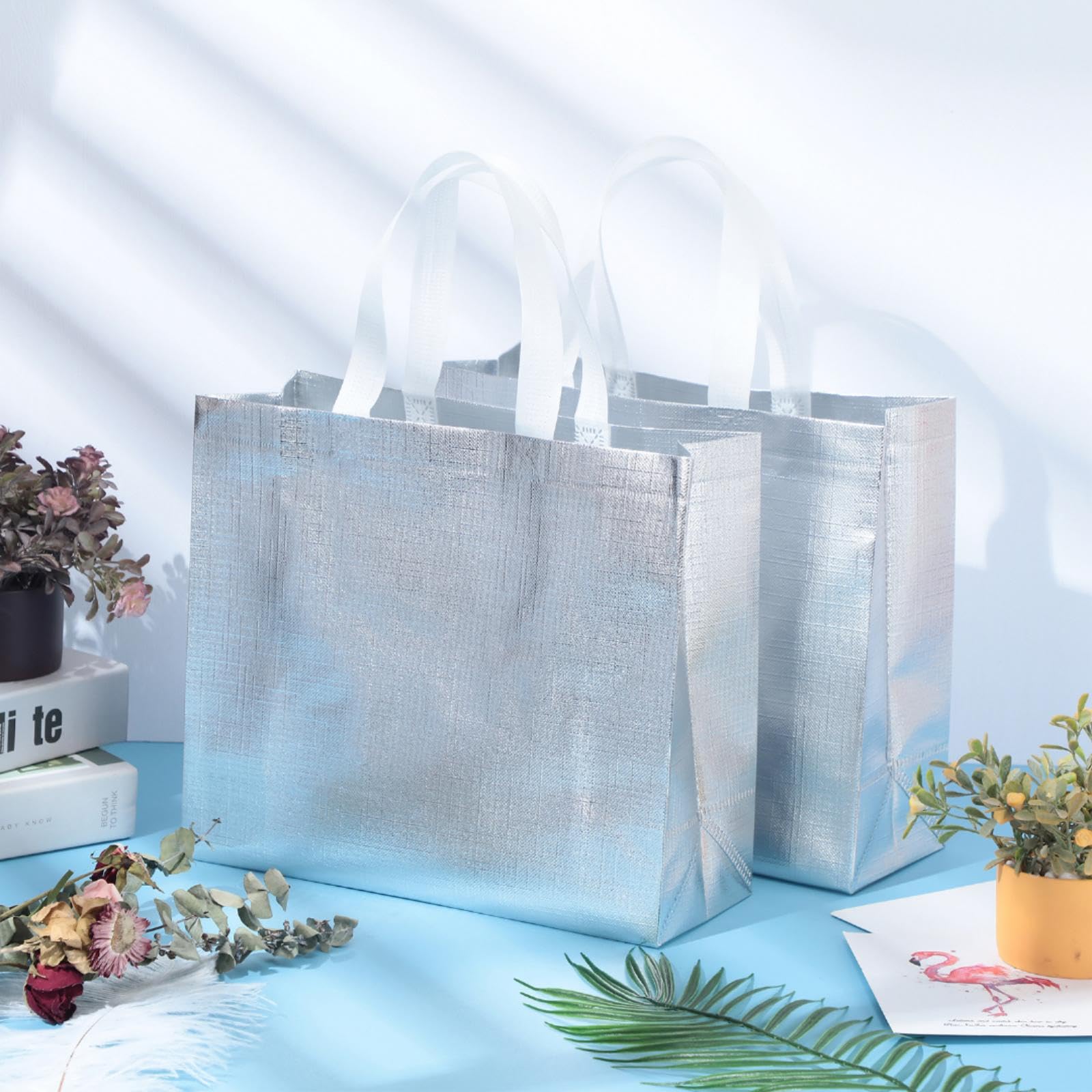 Eccliy 60 Pcs Reusable Gift Tote Bags Housekeeping Appreation Grocery Shopping Bag with Handles for Bridesmaid Wedding(Silver)