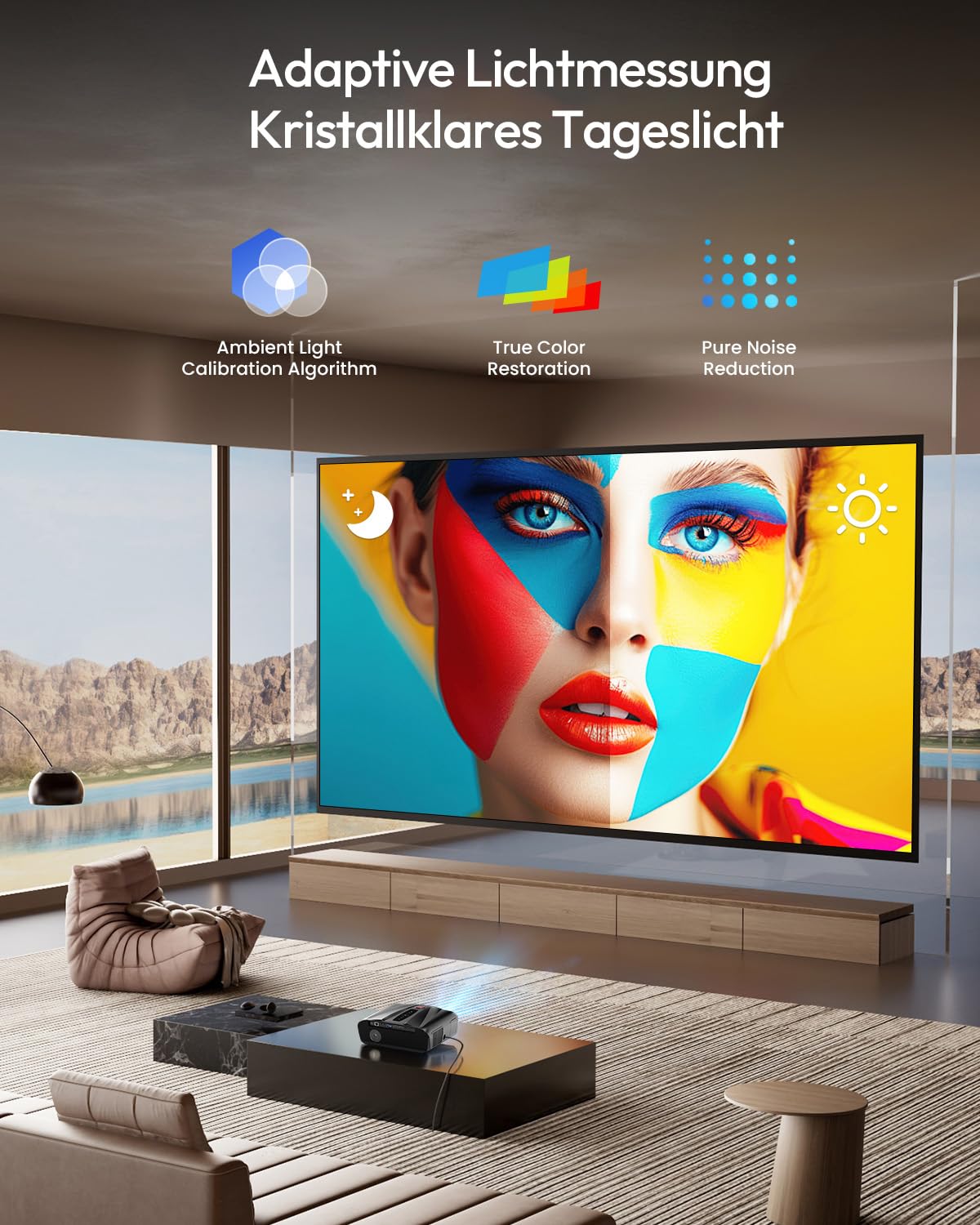 Vidéoprojecteur de lumière du jour 2300ANSI 4K Ultra HD HDR10 Projecteur intelligent de jour avec Tof Autofocus HDMI ARC/CEC 38W DB Audio WiFi6 Bluetooth 5.4 WiFi Vidéoprojecteur pour home cinéma
