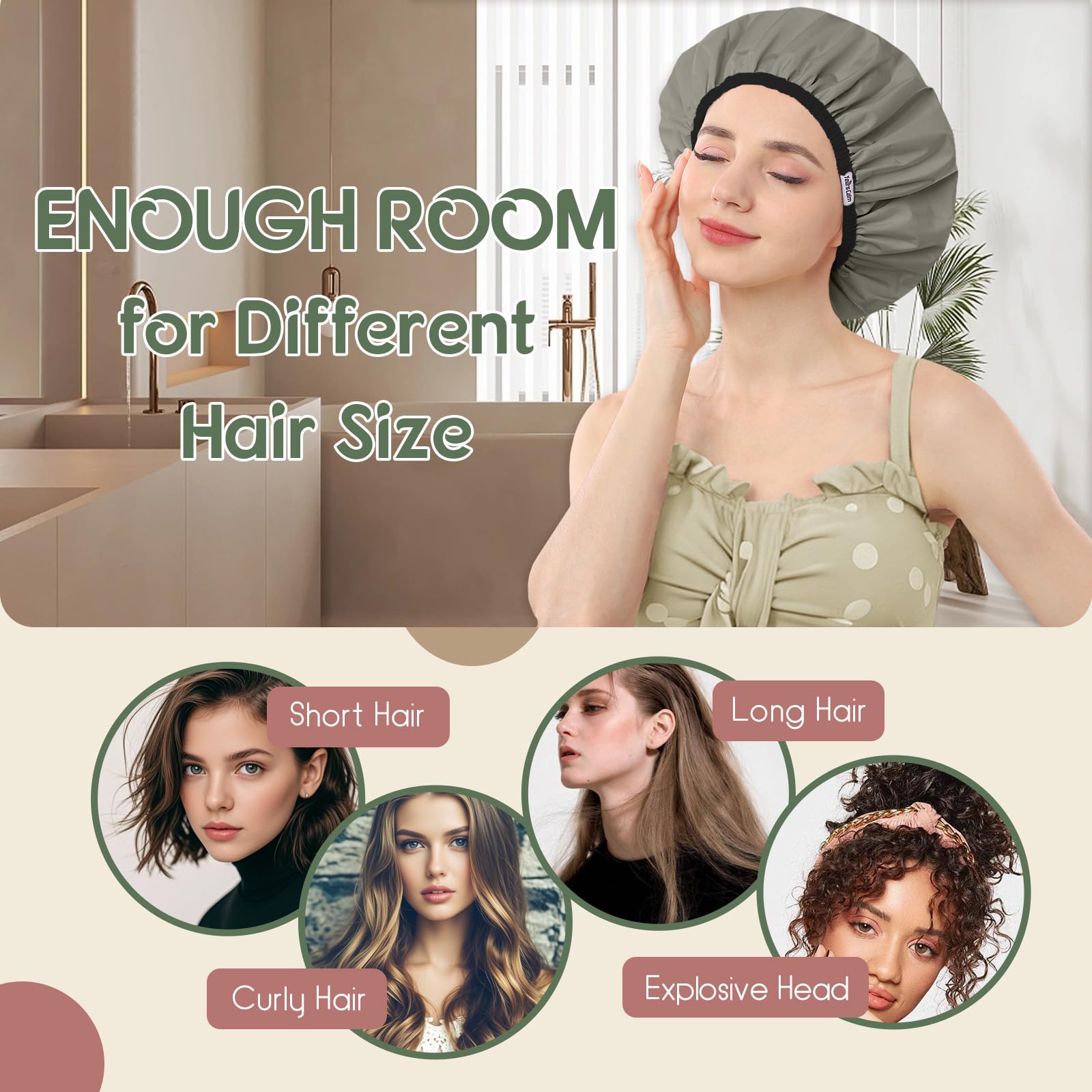 Years calm Bonnet de douche de luxe pour femme réutilisable et imperméable – Bonnet de bain double couche à pois avec élastique réglable pour tresses et cheveux longs, confortable et élégant