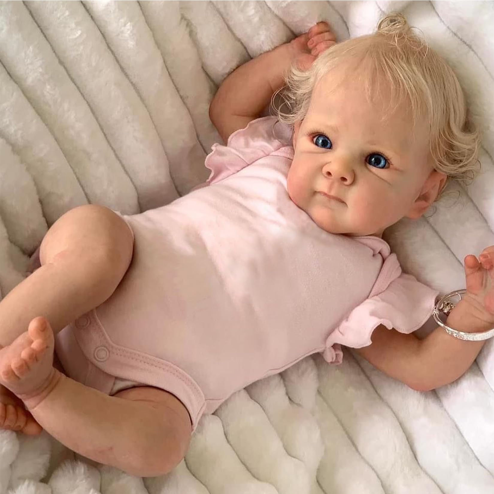 Reborn Dolls Girl 50cm Realistic Baby Doll with Blue Eyes Full Body Silicone Vinyl Hand Rooted Fiber Hair Handmade Clothing and Accessories