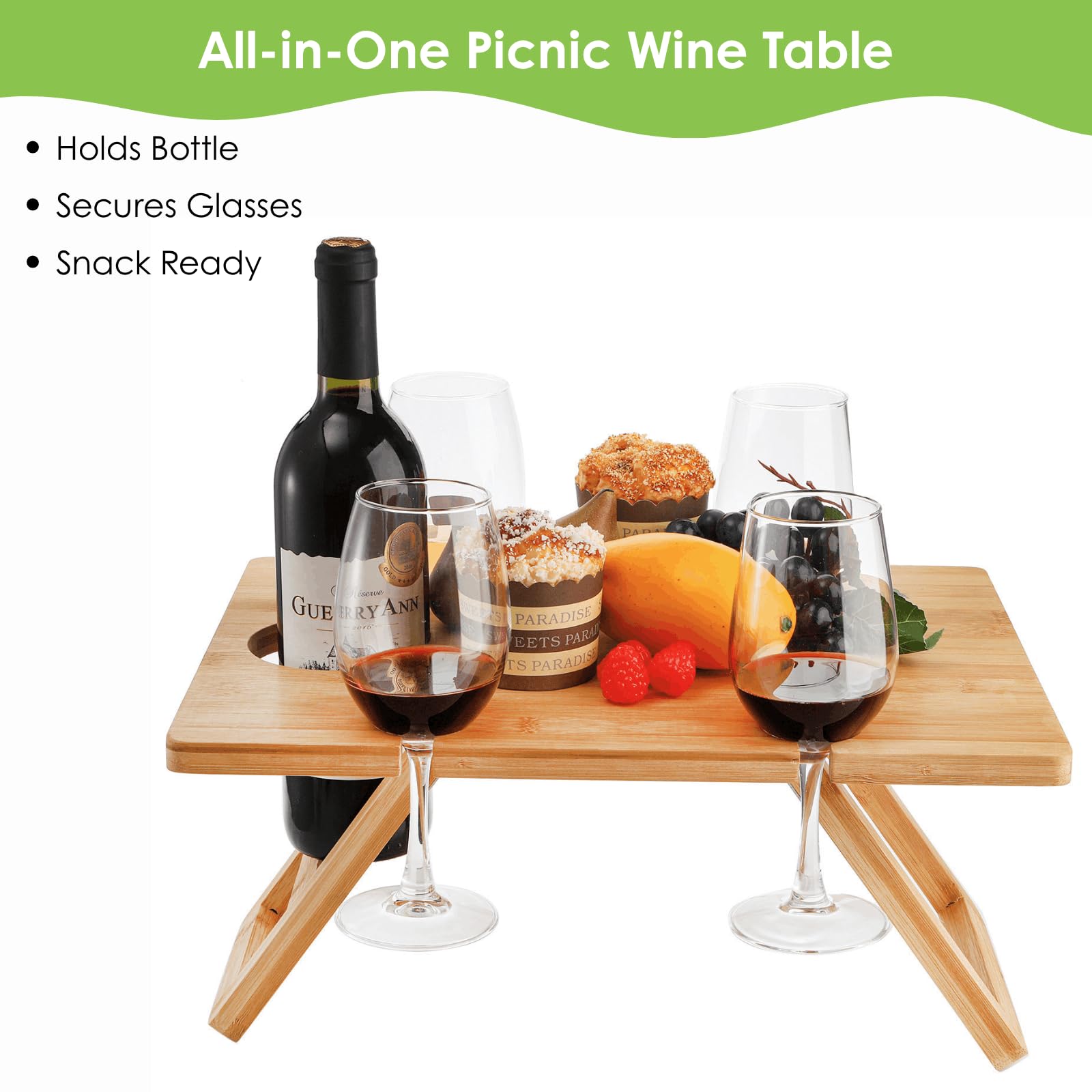 YOUEON Tragbarer Wein Picknick Tisch mit 5 Weingläser Halter, Faltbarer Champagner Picknick Snack Tisch, Wein und Käse Tisch für Picknick, Camping, Park, Strand, Weinliebhaber Geschenk