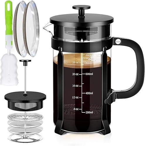 YMMIND French Press Coffee Maker 304 Stainless Steel Coffee Press,with 4 Filters System, Heat Resistant Thickness Borosilicate French Press Glass,