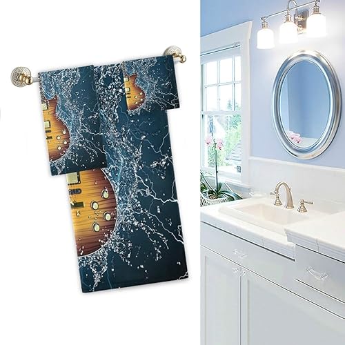 Miniatura 3 de Naanle Juego de 3 toallas decorativas 3D Cool Guitar in Water Soft 1 toalla de baño+1 toalla de mano+1 toallita, multiusos para baño, hotel,
