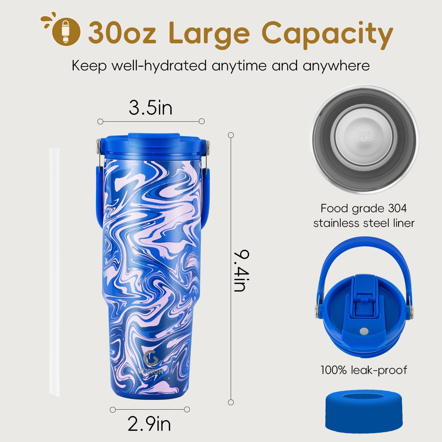 VUSIGN 30 oz Tumbler with Handle and Flip Straw, Stainless Steel Vacuum Insulated Water Bottle Travel Mug Thermal Cup for Home, Office, Car, Outdoors, Sports, Pool Swirl - Image 7