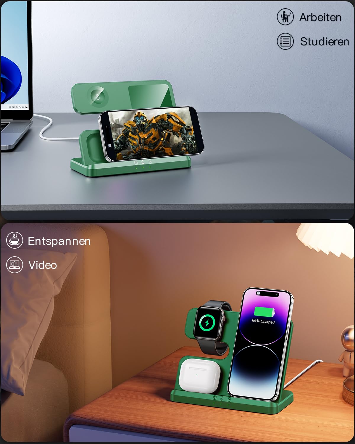 JARGOU Cargador Inalambrico 3 en 1 para iPhone/Apple Watch/AirPods, Estación de Carga Apple para iPhone 15 14 13 12 11 Pro MAX/XR/8, Wireless Charger per iWatch 9/Ultra 2/SE/8/7/6/5/4/AirPods (Verde)