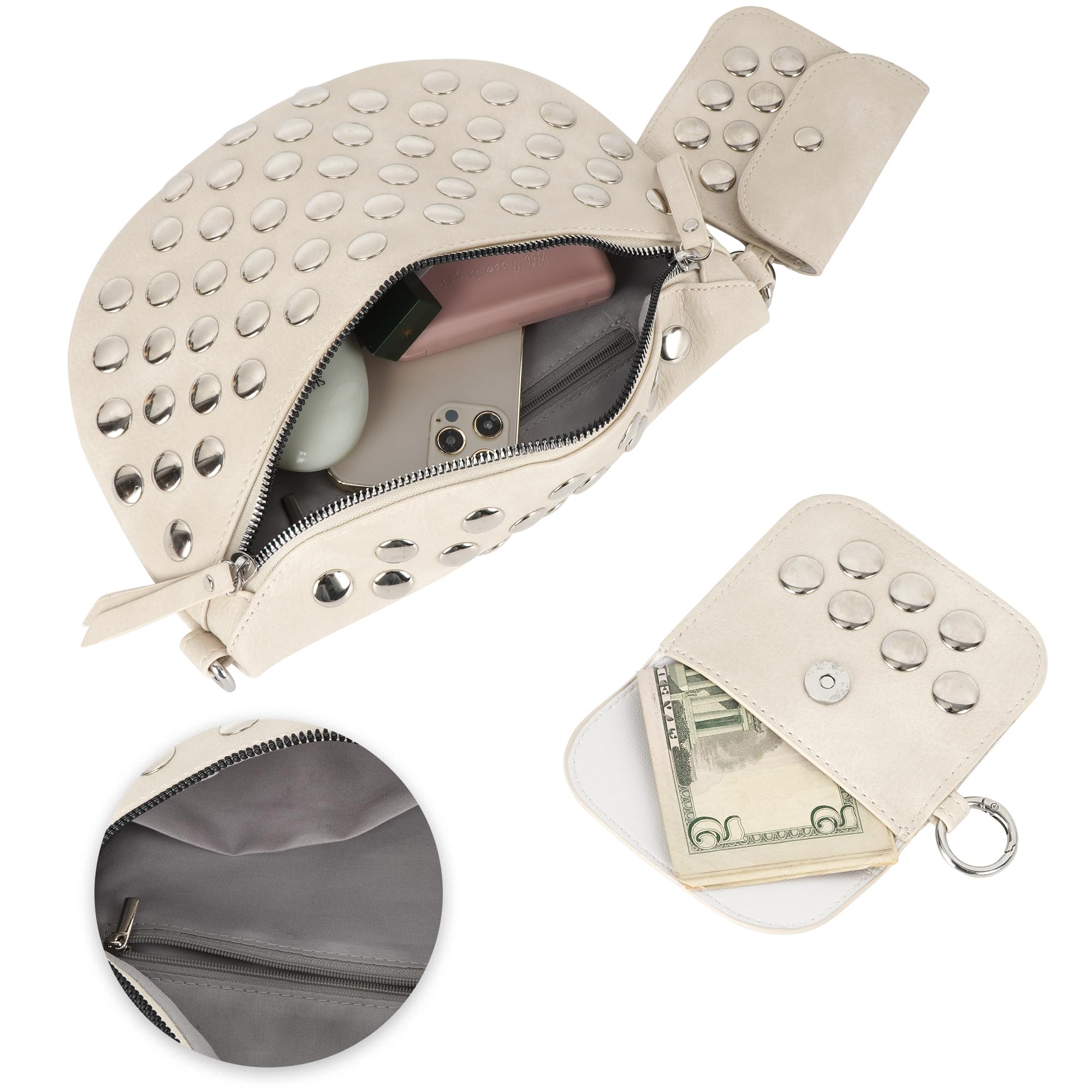 LABANCA Riñonera de piel sintética para mujer, con remaches y tachuelas y cremallera, bolsa de hombro para festival, 08676Blanco, 13.4 * 5.1 * 3.5 in, Casual