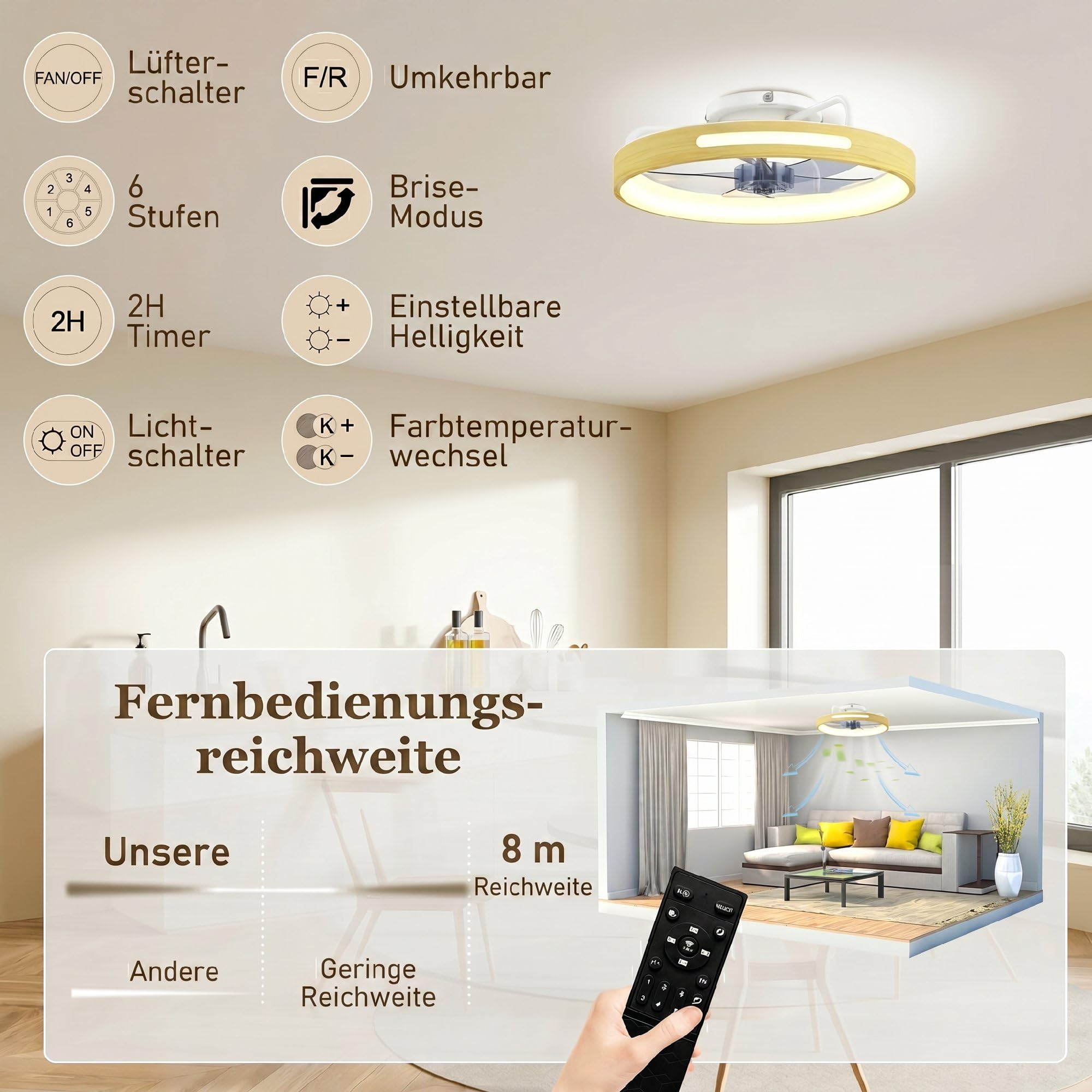 HOMCOM Deckenleuchte mit Ventilator, Ø49 cm Leise LED Deckenventilator mit Beleuchtung, Fernbedienung, 6 Geschwindigkeiten, 3 Farbtemperaturen, umkehrbarem DC-Motor, Timer für Wohnzimmer, Schlafzimmer