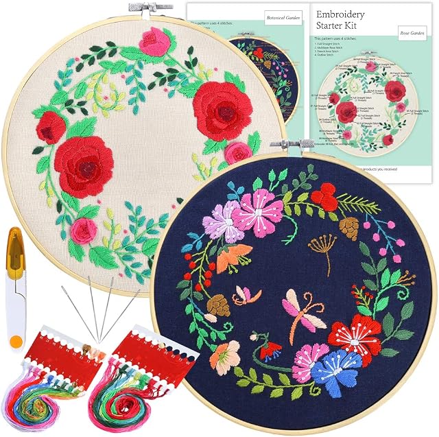Pllieay 2 Sets Full Range of Embroidery Starter Kit Including 2 Embroidery Clothes with Floral Pattern, 2 Bamboo Embroidery Hoops, Color Threads and Tools