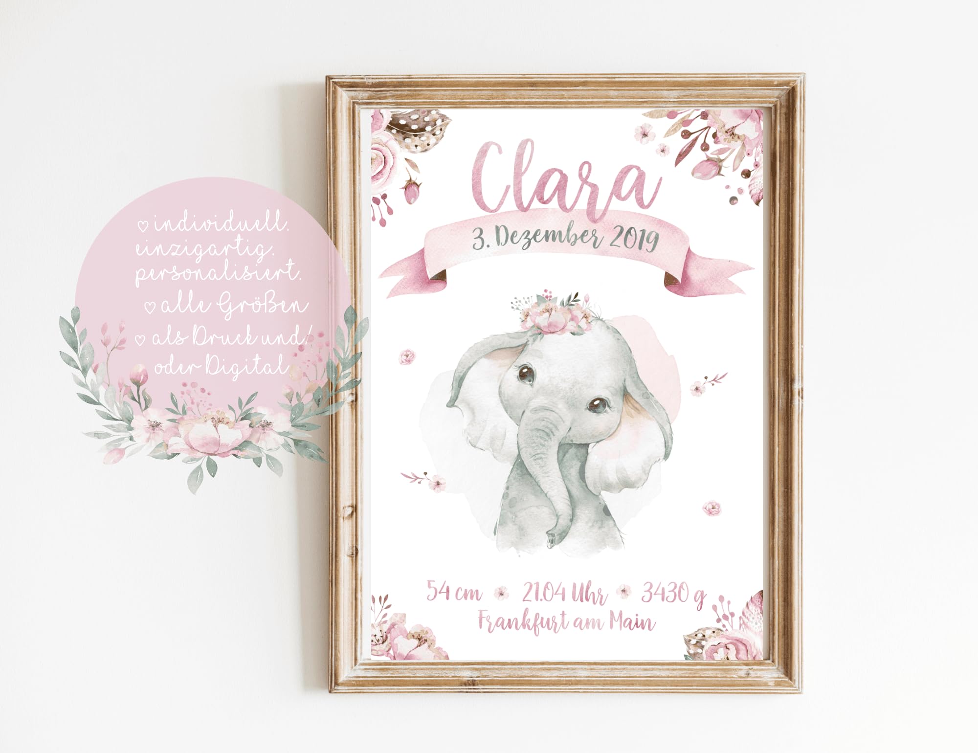 double critical Personalisiertes Geburtsposter Baby-Elefant – Mädchen Aquarell Poster mit Name und Geburtsdaten – Rosa Blumen Deko Kinderzimmer – Geschenk zur Geburt oder Taufe DIN A4 A3