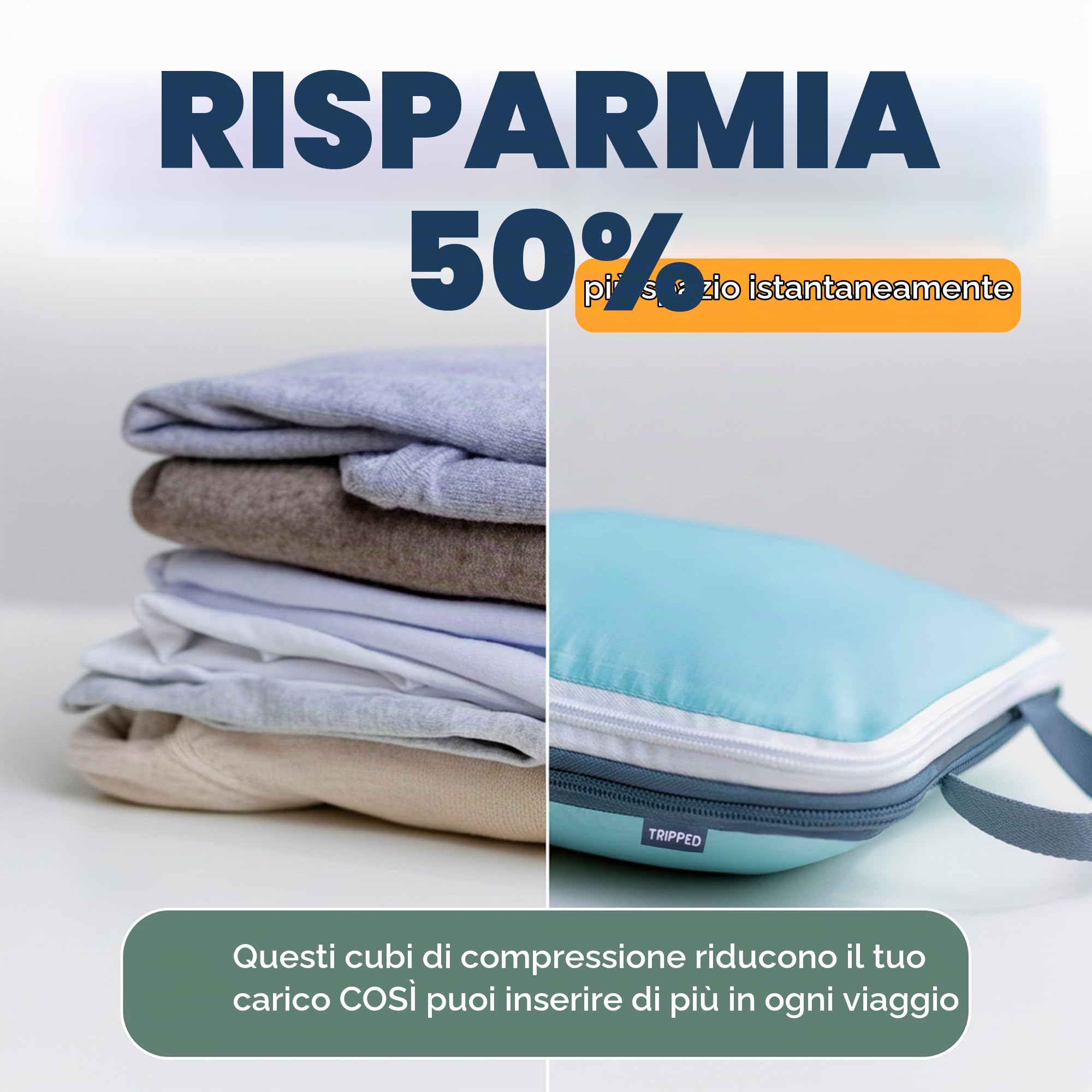 TRIPPED Travel Gear - Set di 7 cubi da imballaggio grandi per bagagli a compressione, ultra leggeri, espandibili, sacchetti a compressione per vestiti di TRIPPED Travel Gear (DustyTeal/bianco)