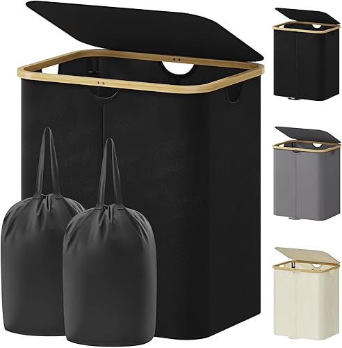 Miniatura 19 de Lifewit - Cesto de lavandería doble de 150L con tapa, canastas grandes para la ropa con bolsas extraíbles, 2 secciones, cestos estéticos