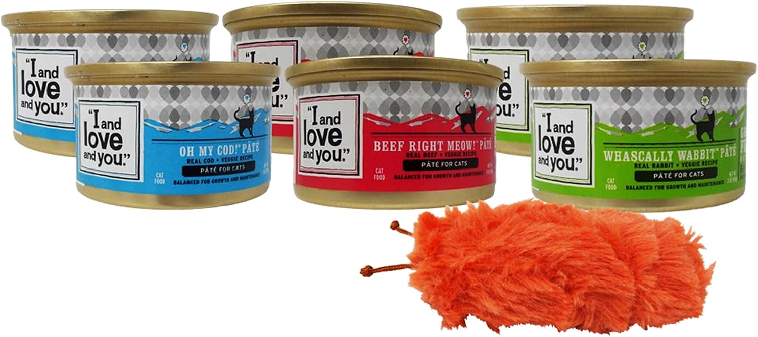 I AND LOVE AND YOU Grain Free Cat Food 3 Flavor 6 Can Bundle with Toy: (2) Whascally Wabbit, (2) Beef, Right Meow, and (2) Oh My Cod, 3…