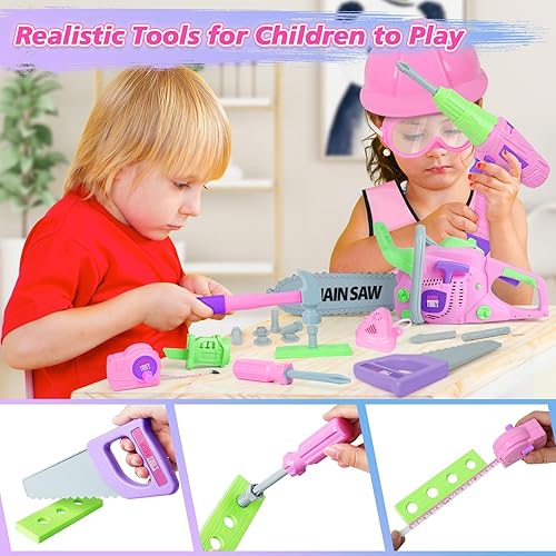Miniatura 3 de Juego de herramientas para niños, juego de herramientas rosa para niñas con motosierra de juguete, taladro de juguete eléctrico, martillo, chaleco