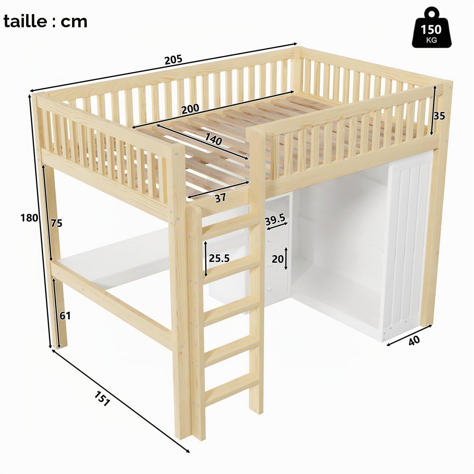 EURHCIO Lit Mezzanine 2 Places 140x200cm,Lit Double avec Grand Bureau,3 Tiroirs,3 étagères,Armoire,Haute Barrière de lit,Sommier à Lattes Solide,pour Adolescents (Naturel, 140x200)
