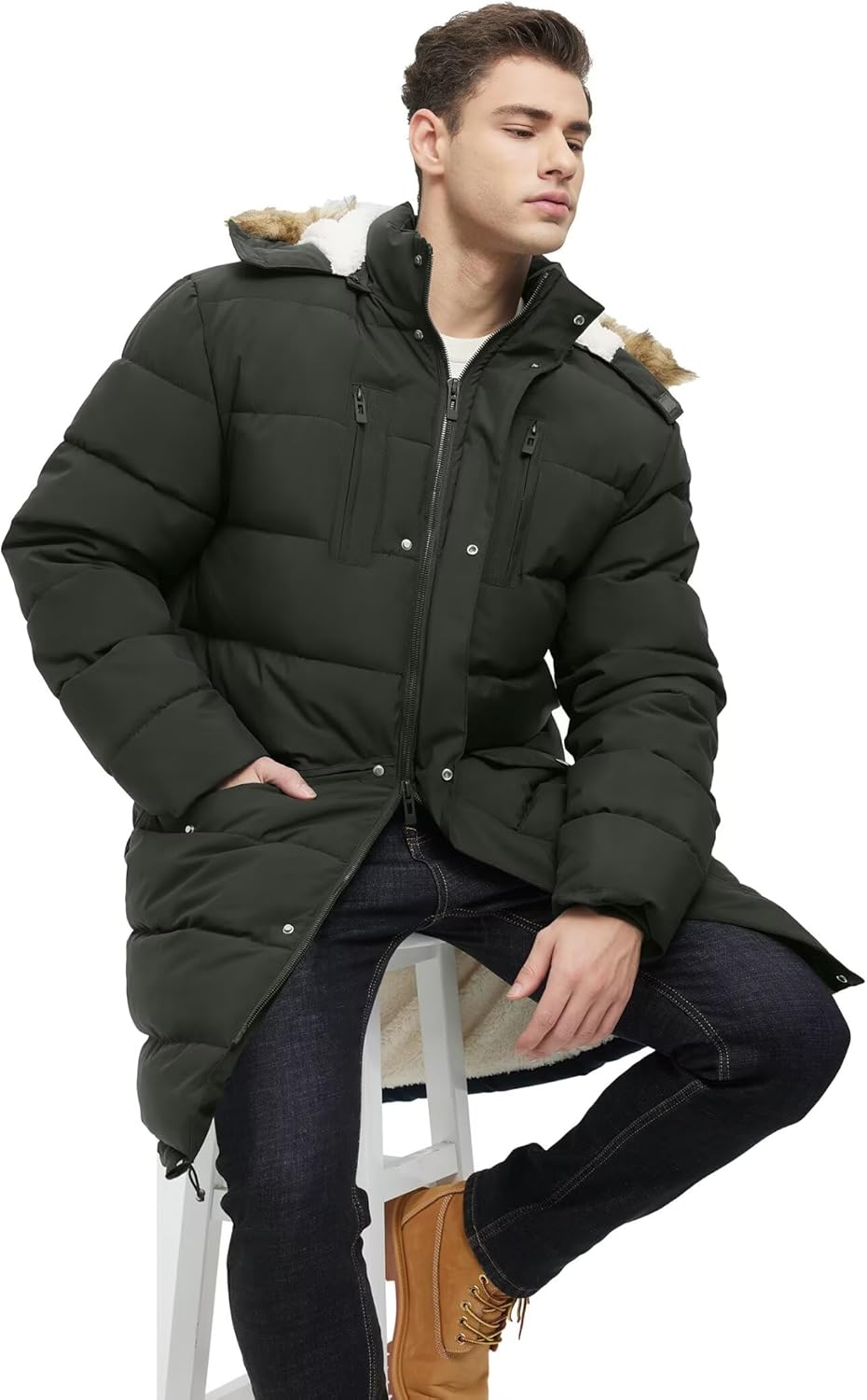 Men's Extra Long Fleece Puffer Jacket Outerwear Winter Coats Hooded Parka Warm Water-resistant Cold Weather