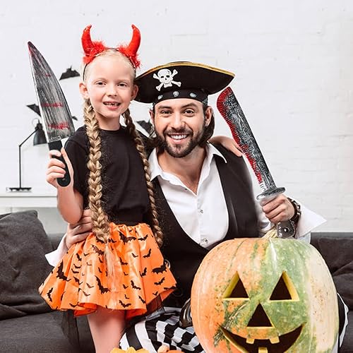 Miniatura 7 de EmoAunty 3 piezas de machete sangriento, accesorios de broma realistas de Halloween, hoja de plástico de 17 pulgadas con manchas de sangre falsas,