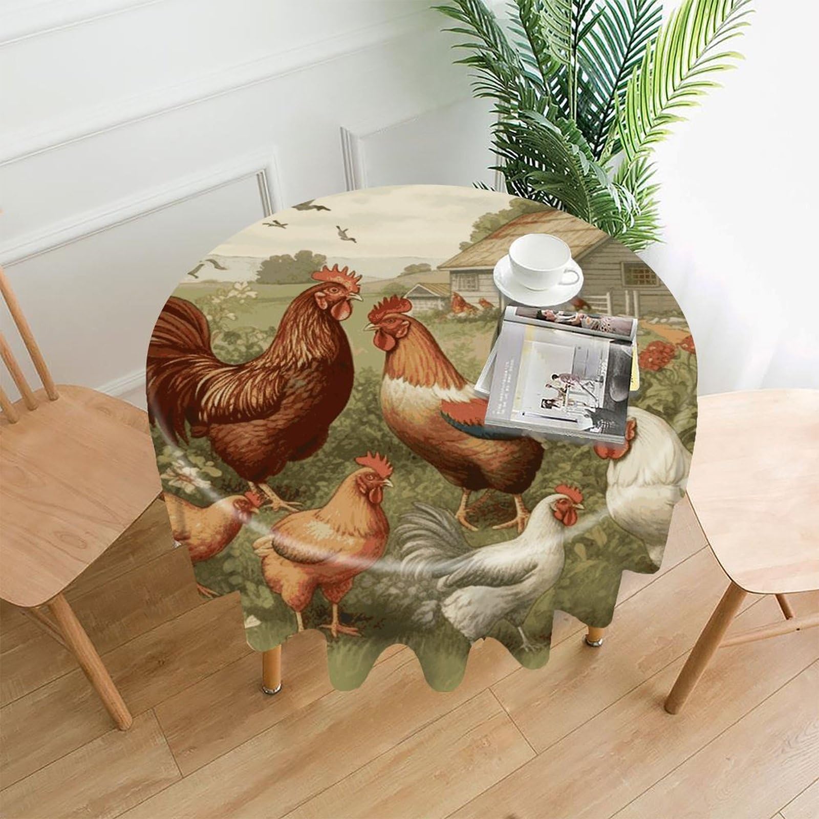 FekiLoot Round Chickens and Farm Tablecloth Decorative Fabric Table Cloth Wrinkle Free Circle Dining Tablecover Washable Polyester Table Cover for Holiday Dinner Party Decor 60"