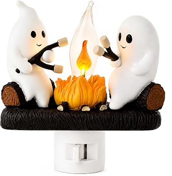Ghost Campfire Night Light, Plug-in Wall Flickering Flame Nightlight, Halloween 3D Cute Spooky Marshmallow Ghost Decoration for Bedroom, Spooky Season Home Halloween Decor for Kids Adults