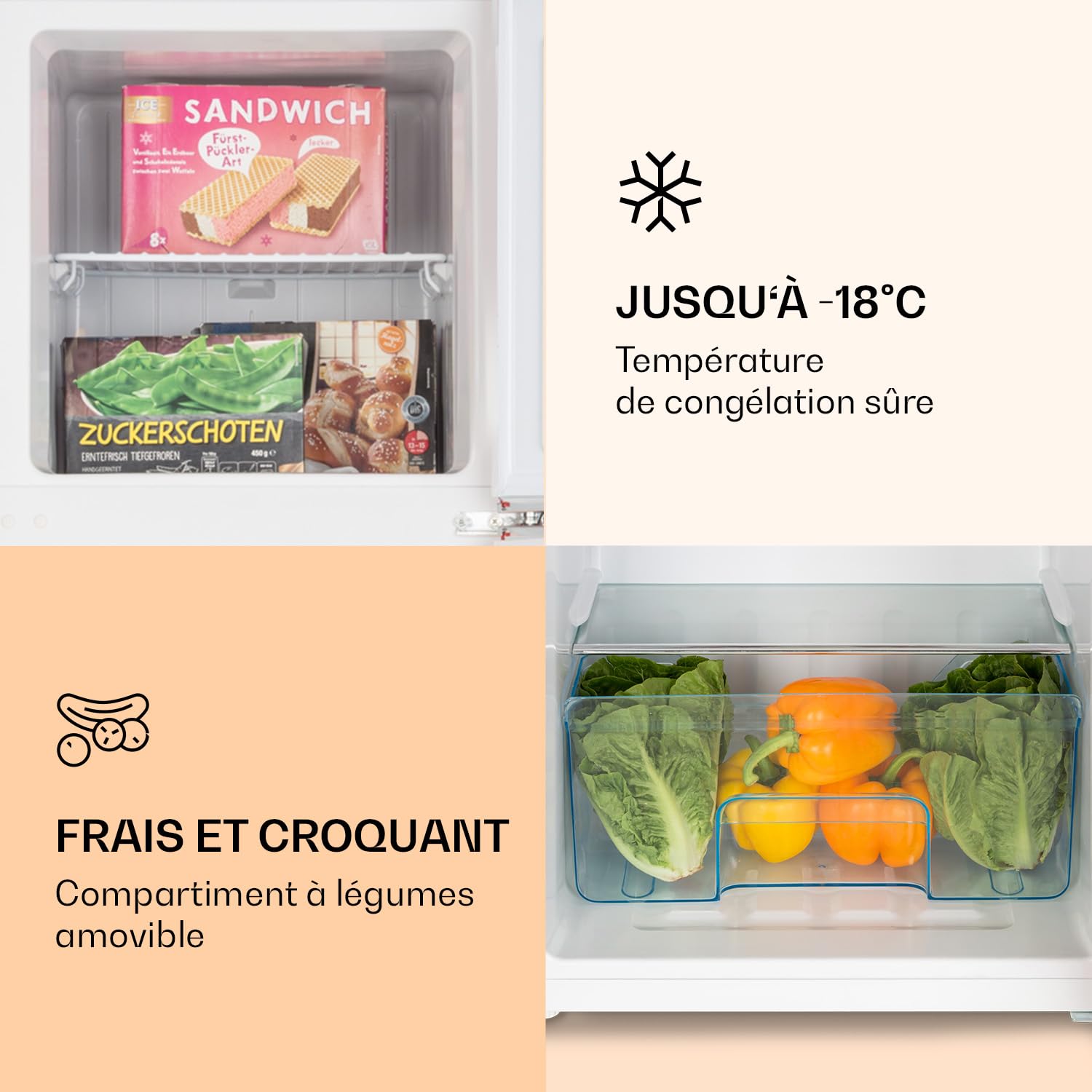 KLARSTEIN Audrey Retro - Réfrigérateur-congélateur combiné rétro, réfrigérateur et congélateur, capacité de refroidissement variable en continu, éclairage intérieur, niveau sonore 41 dB, noir