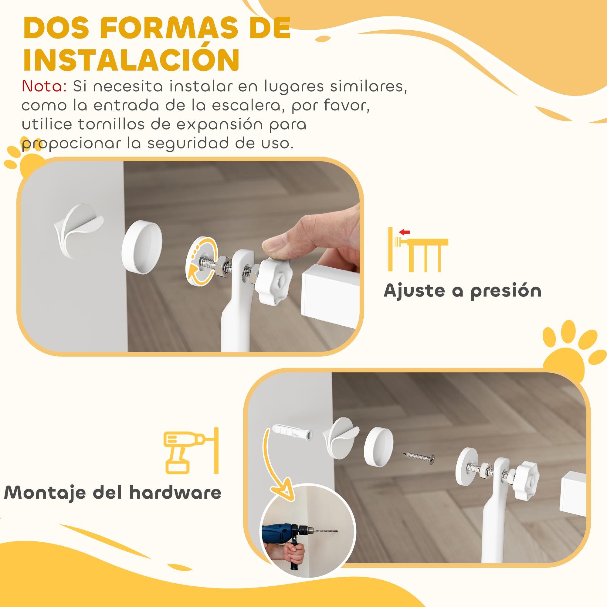 PawHut Barrera de Seguridad para Perros y Gatos Extra Alta 150 cm, Barrera para Perros Extensible 77-104 cm para Puertas y Escaleras, con Montaje a Presión, 2 Extensiones y Puerta de Paso, Blanco