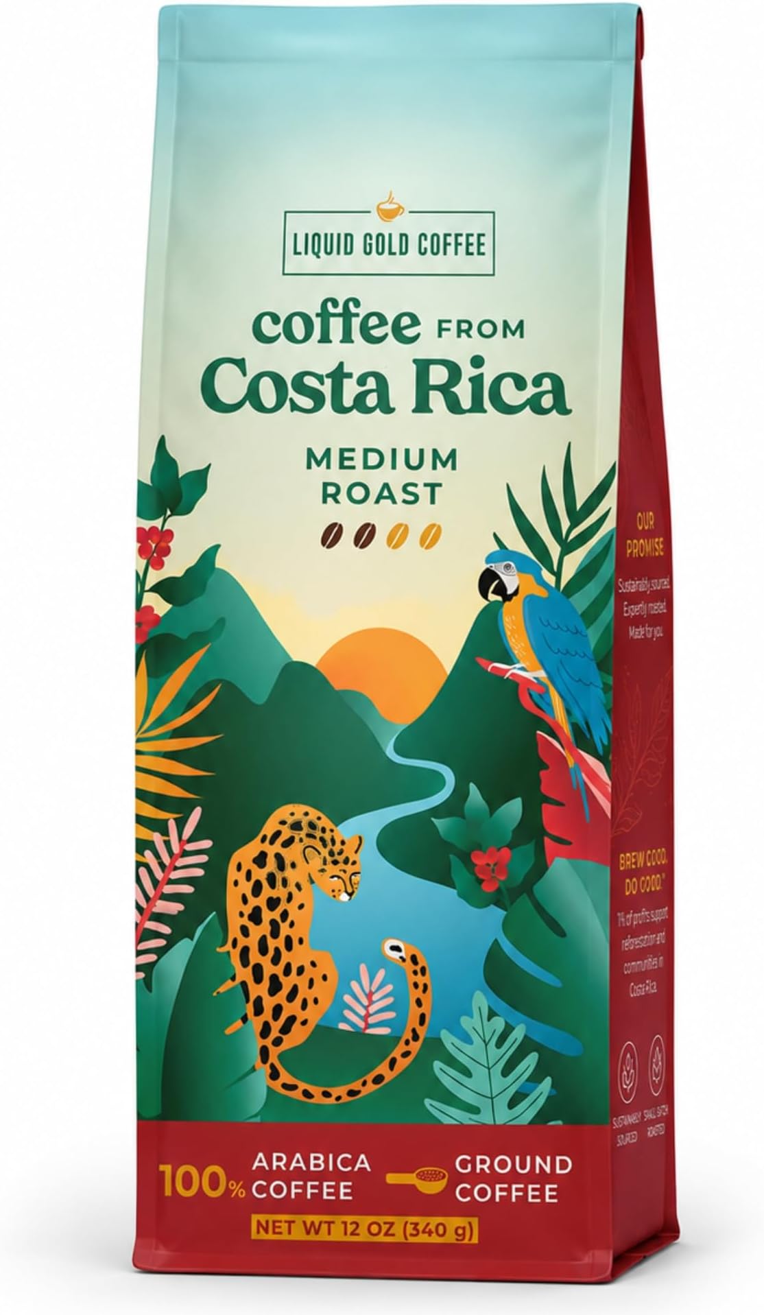 Liquid Gold Coffee from Costa Rica Medium Roast Ground - 1 bag (12oz) - 100% Fresh Arabica Beans - by - Local Athentic Sourced from Costa Rican Farmers