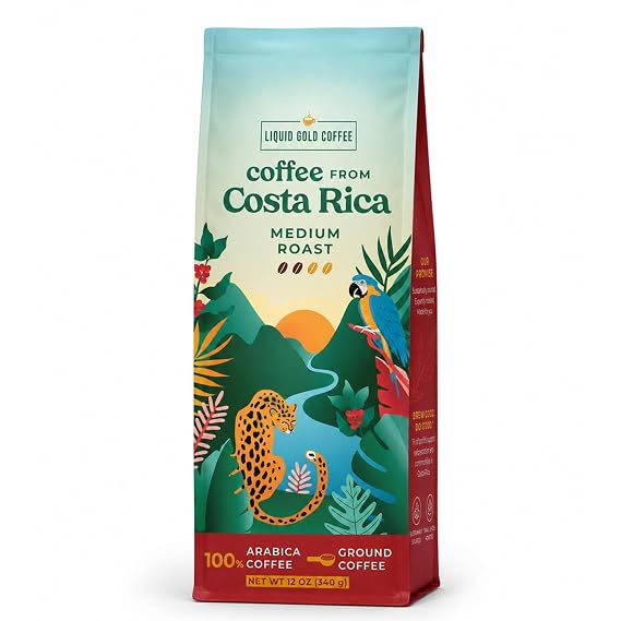 Coffee from Costa Rica Medium Roast Ground, 12OZ (340 grams), by Liquid Gold Coffee, 100% Arabica Beans, Fair Trade, Single Source Specialty Coffee from Coopeagri Farm, Small Batch Roasted in USA, South Carolina