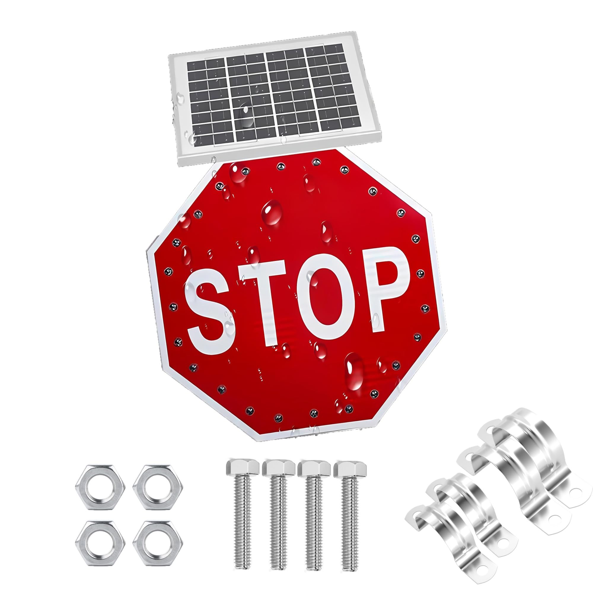 Solar Powered Led Stop Signs 24 & 30 inch Octagon Roadway Warning Sign, Heavy Duty Aluminum Metal Flashing Traffic Signage, IP65 Waterproof 800m Visibility Safety.(24in)