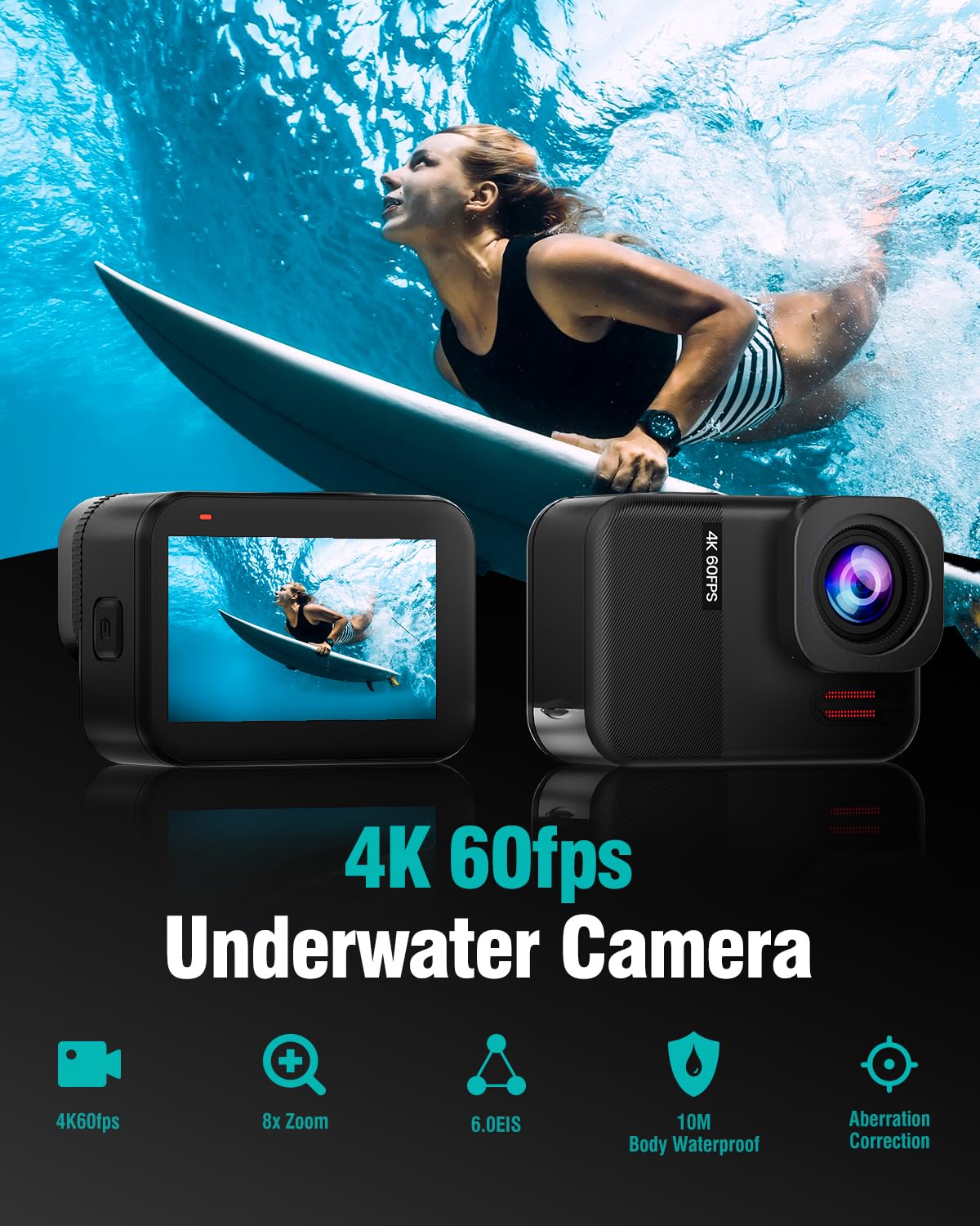 4K60fps Fotocamera Subacquea- Metallo nudo Telecamera sott'acqua 10M con 64G SD Card, HD 48MP Touchscreen Action Cam 6-Axis Stabilizzazione, WIFI Videocamera 8X Zoom Con Casco Accessori