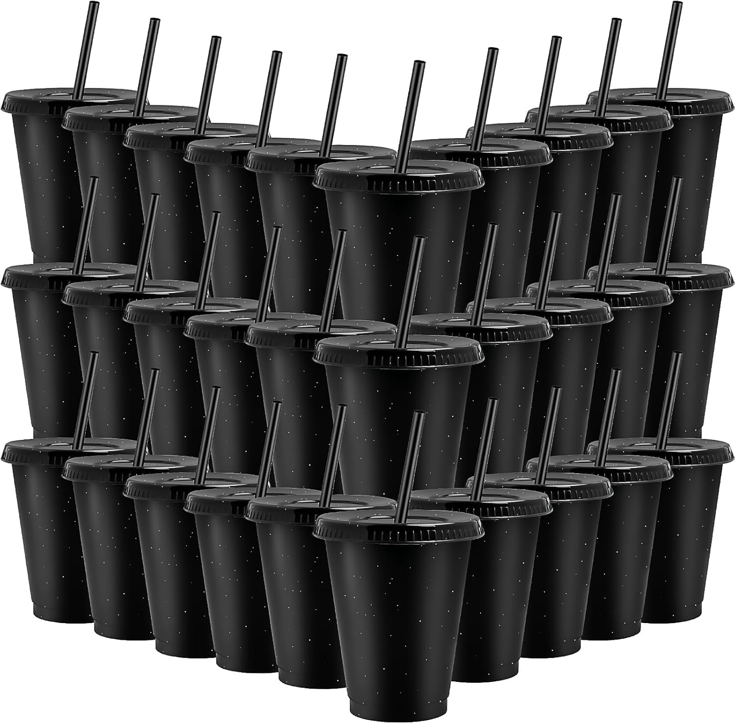 MSYU 30 Pack Reusable Cups with Lids and Straws 470 ml Glitter Iced Coffee Tumbler Plastic Travel Mug Cup for Smoothie Juices Coffee Iced Beverage Water Parties Birthdays Christmas (Black)