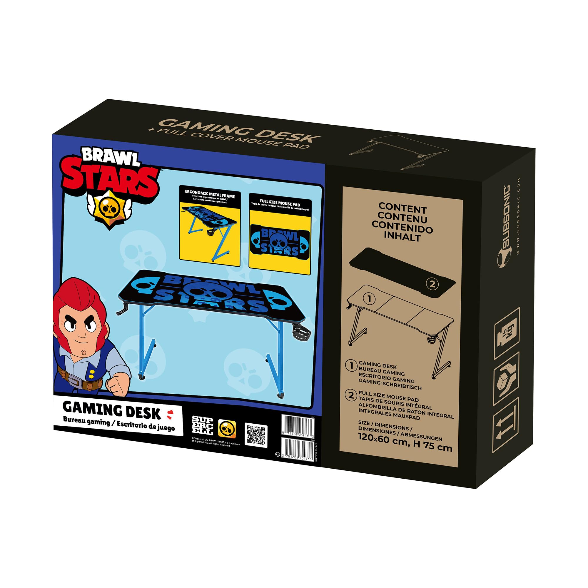 Subsonic - Escritorio Gaming Ergonómico con Alfombrilla XXL para Brawl Stars, Acabado Carbono, 120x60 cm, Base Azul, con Portavasos y Portaauriculares