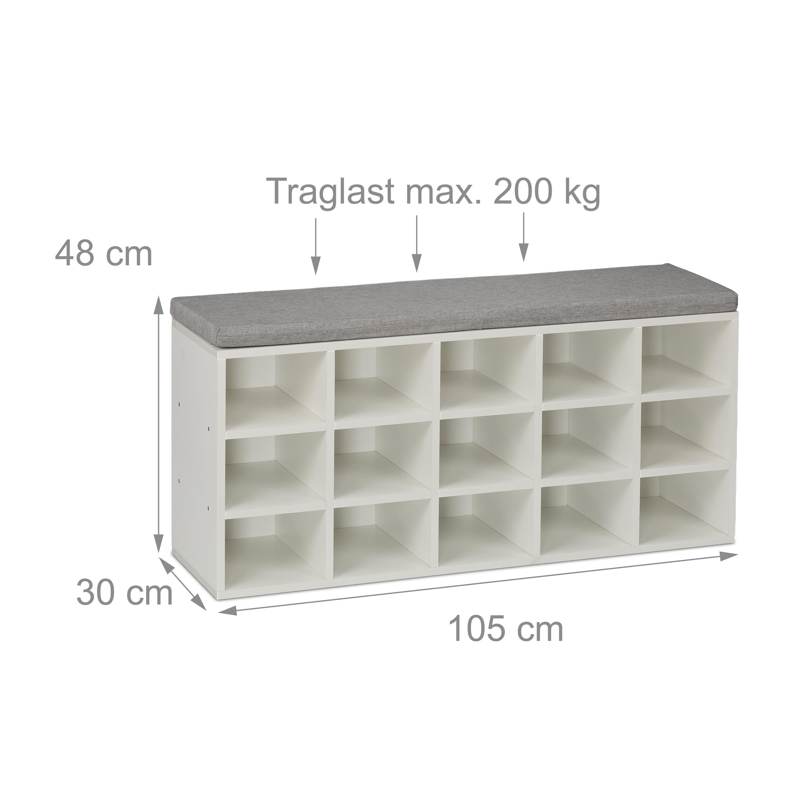 Relaxdays Banco Zapatero con Asiento, 15 Cajones, Tapizado, Pasillo o Entrada, Descalzadora, 48x105x30 cm, Blanco/Gris