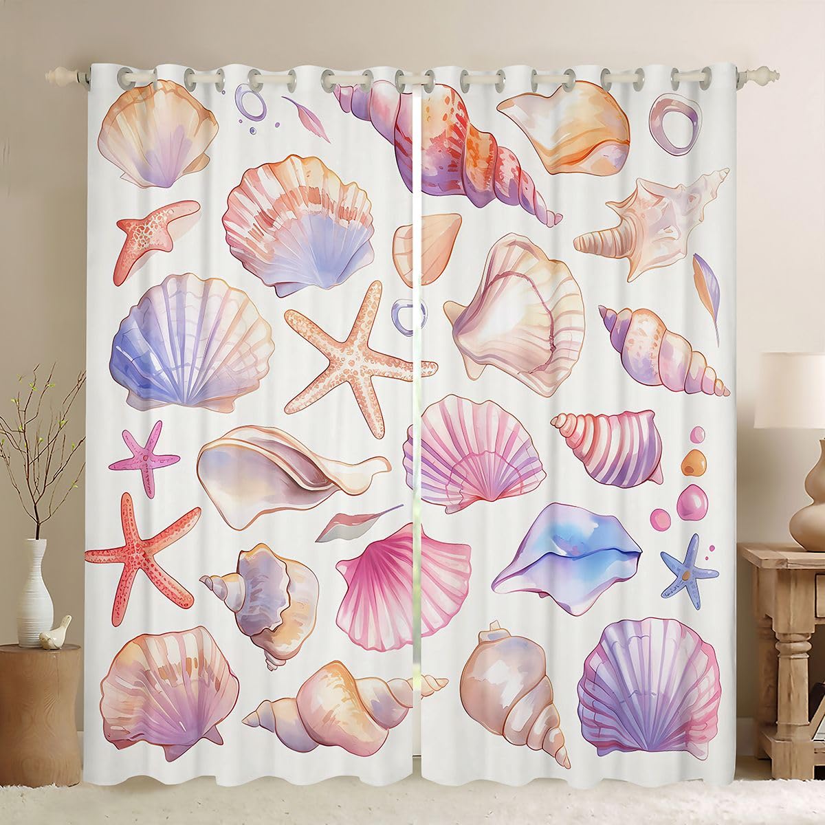 Homemissing Tende oscuranti con stelle marine e spiaggia per camera da letto e soggiorno, tende oscuranti con conchiglie, tendaggi per finestre, spiaggia costiera, oceano, 2 pannelli, 167,6 x 228,6 cm