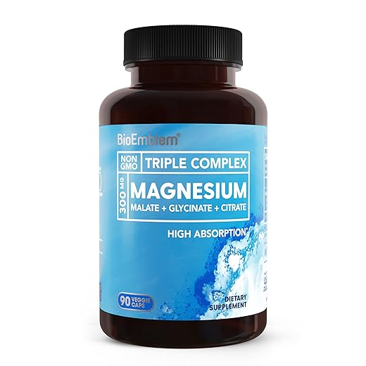 BioEmblem Triple Magnesium Complex | 300mg Magnesium Glycinate, Malate & Citrate | High Absorption Chelated Formula | Vegan, Non-GMO, Gluten-Free | 90 Capsules