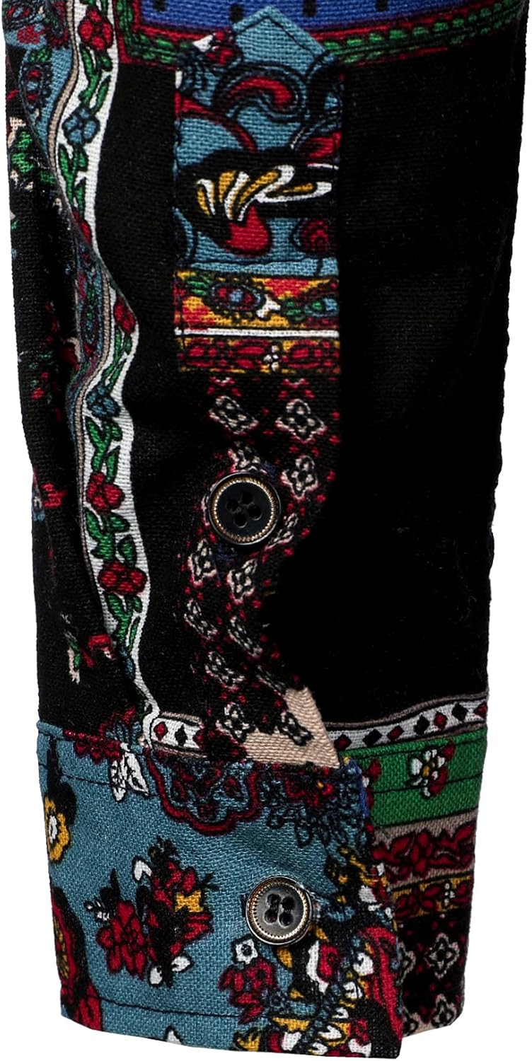 PARKLEES Men's Cotton Linen-Like 70s Disco Retro Traditional Pattern Printed Long Sleeve Button Down Shirt - Image 6