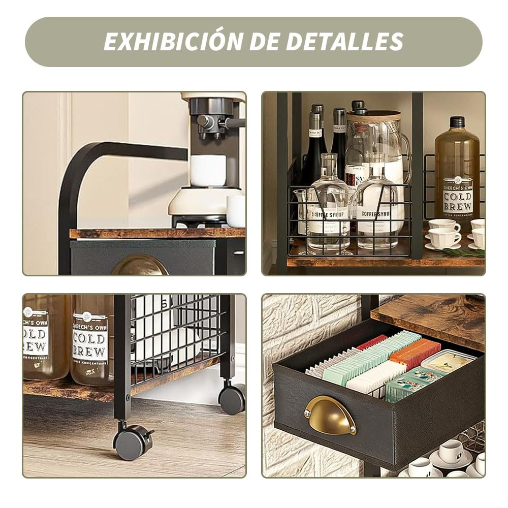 Carrito de Café con Cajón de Almacenamiento, 4 Niveles Ajustables | Barra de Café Móvil con Ruedas, Mesa Auxiliar de , Estación de Café Rústica de Madera Para Cocina, Entrada, Salón o Comedor