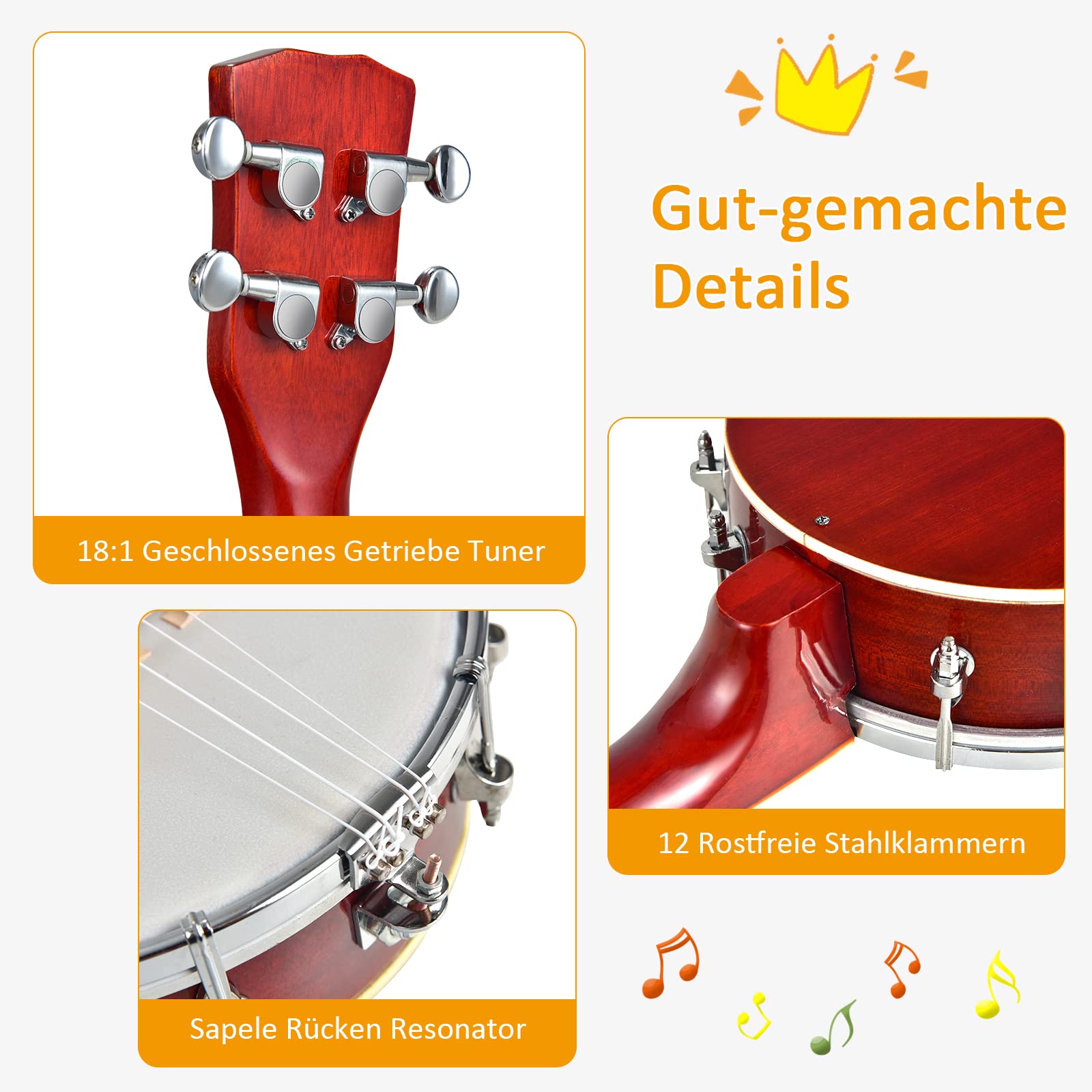 DREAMADE 4 Saiten Banjo 24 Zoll, Banjolele mit Remo-Fell und Reinigungstuch, Banjo Set für Kinder und Anfänger