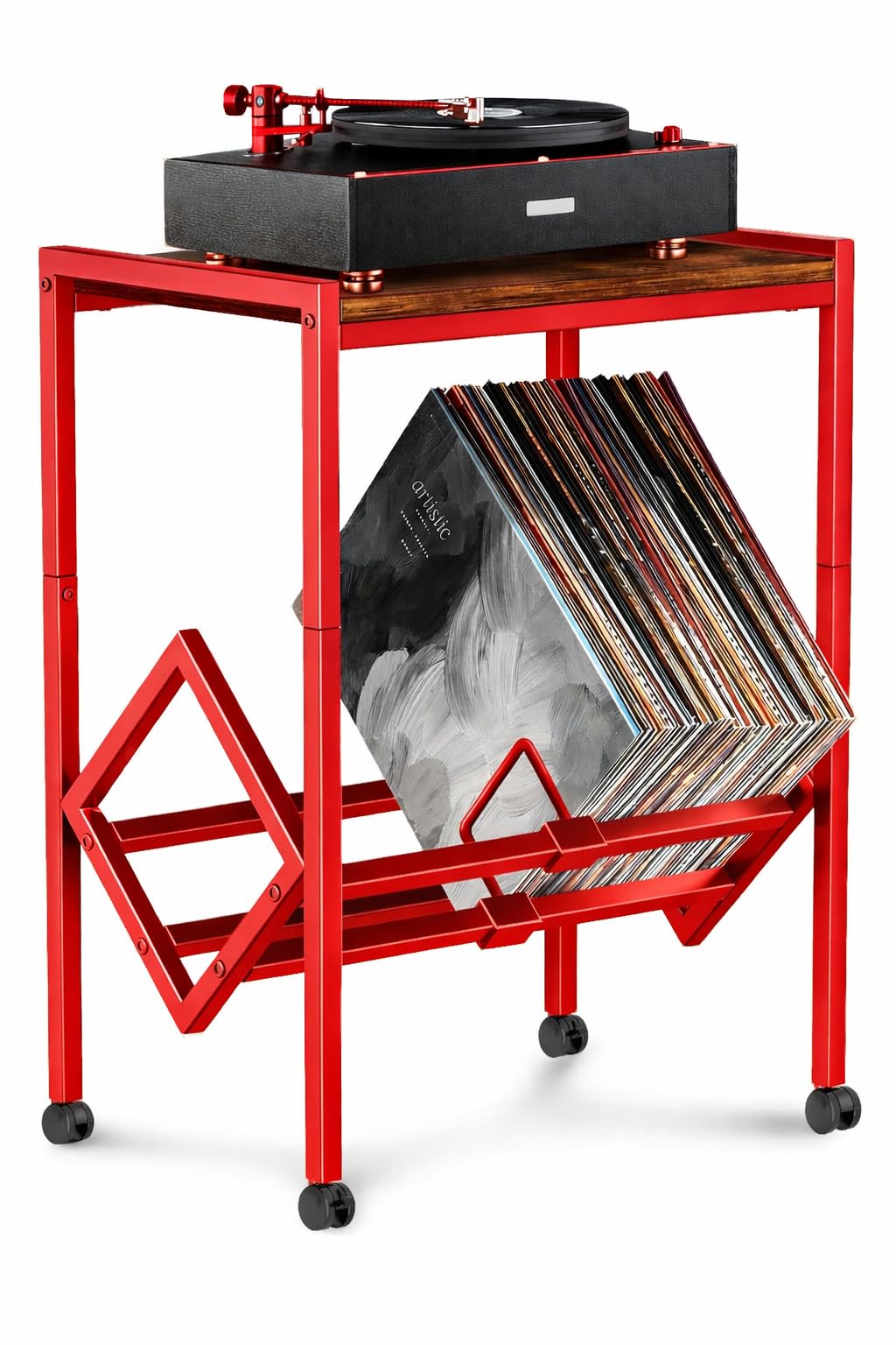 OGFC 58032 Space saving Record Player Stand, Vinyl Record Storage Cabinet with 2-Tier Storage 80-100 LP, Metal Vinyl Record Turntable Stand Record Player Table with Wheels for Albums - Red-image-23