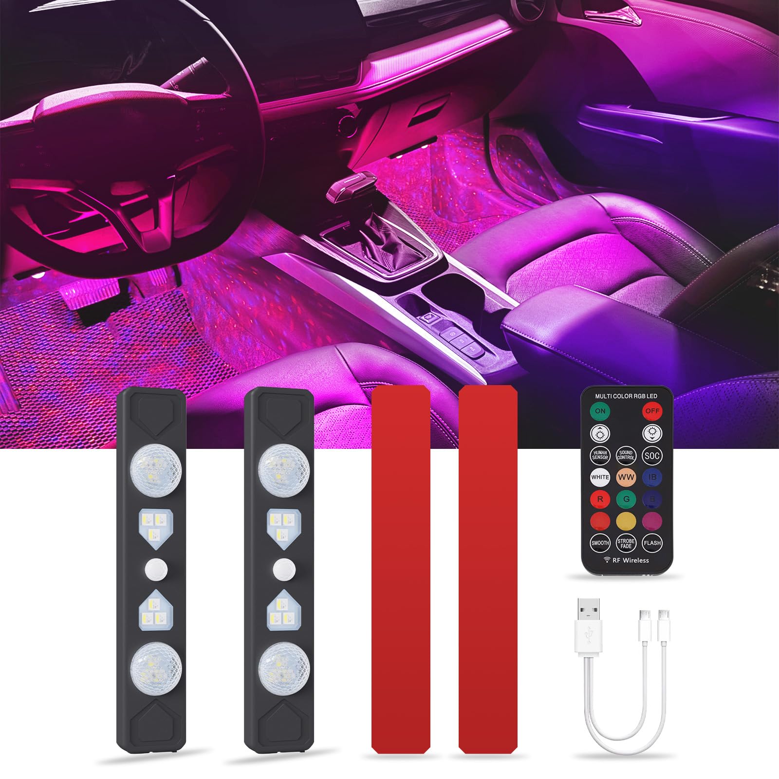 CARFIB Wireless Interior Car Lights with Remote RGB Sound Control Ambient Neon Accent Starry Lighting Kits USB Rechargeable Magnetic Underglow LED Atmosphere Lights for Car Truck SUV 2Pcs
