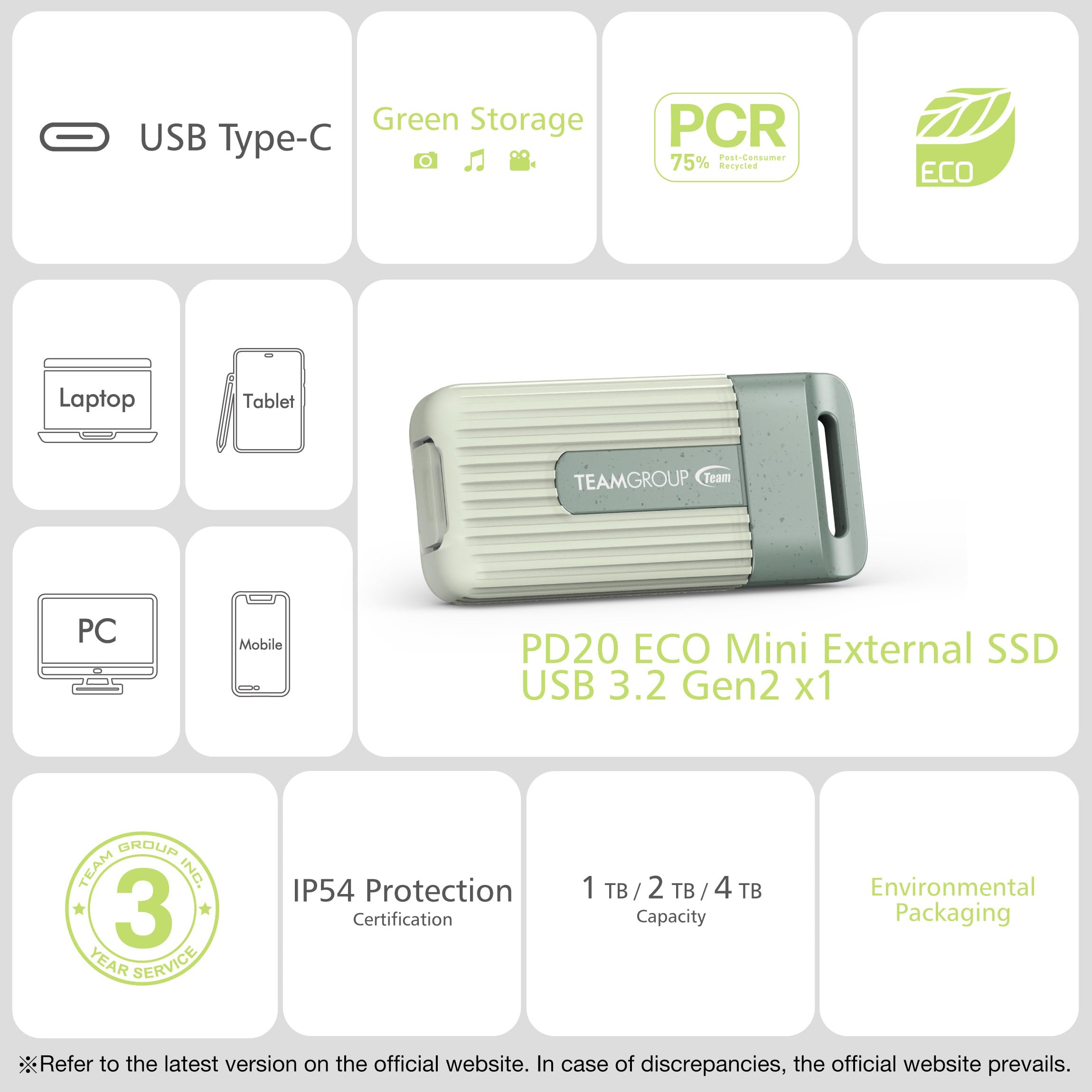 TEAMGROUP PD20 ECO Tragbares externes Solid-State-Laufwerk, SSD-Laufwerk, 4 TB, Lesegeschwindigkeit bis zu 1000 MB/s, USB 3.2 Gen2x1 Typ-C, wasserdicht, staubdicht, IP54, TPSEG4004T0C102