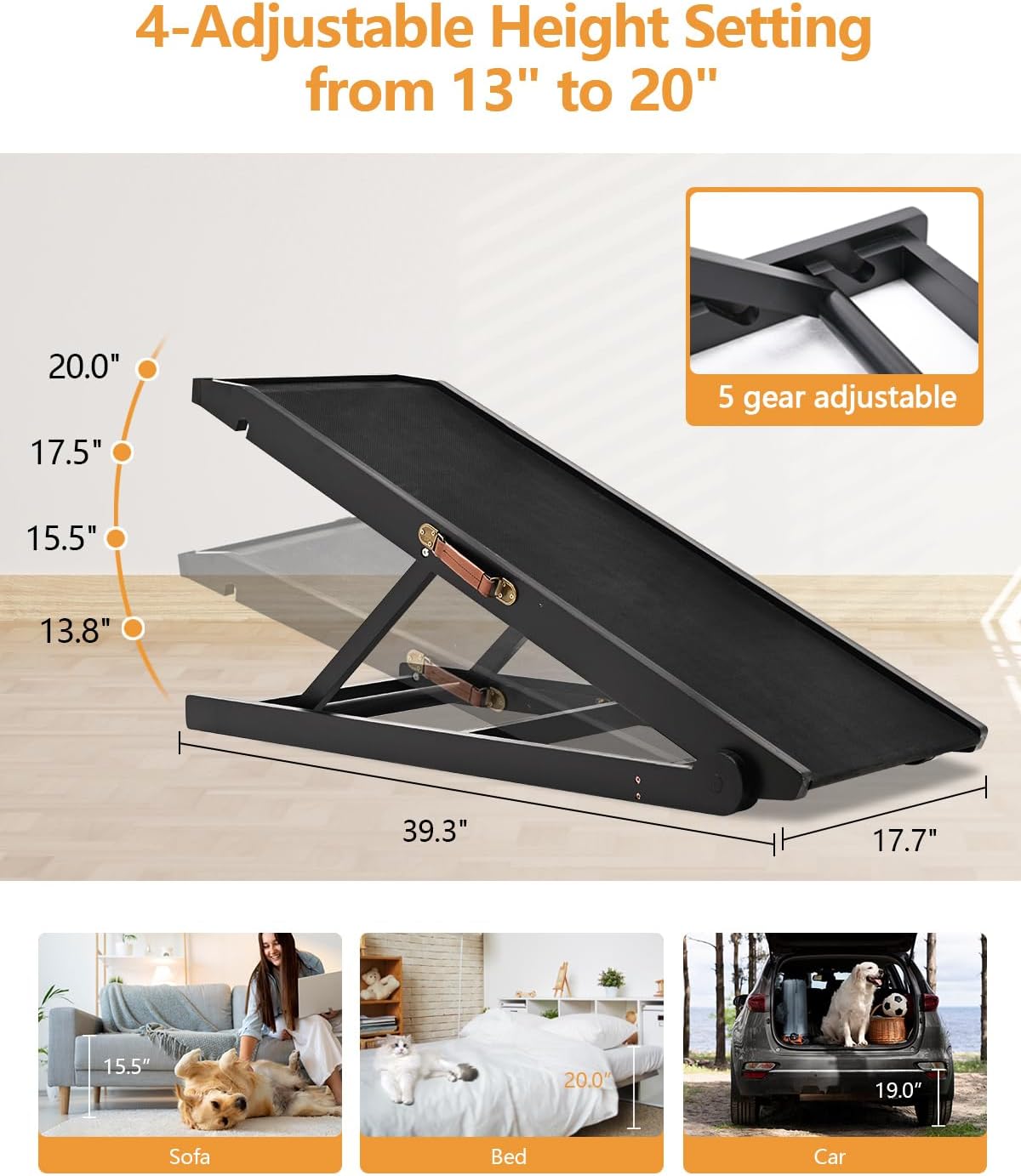 Dog Ramp for Couch, Small Dog Bed Ramp to Get on Bed 20 inch High, Non-Slip, Sturdy Adjustable Pet Ramp with Landing Platform, Supports up to 200lbs, Adjustable from 13" to 20" Height