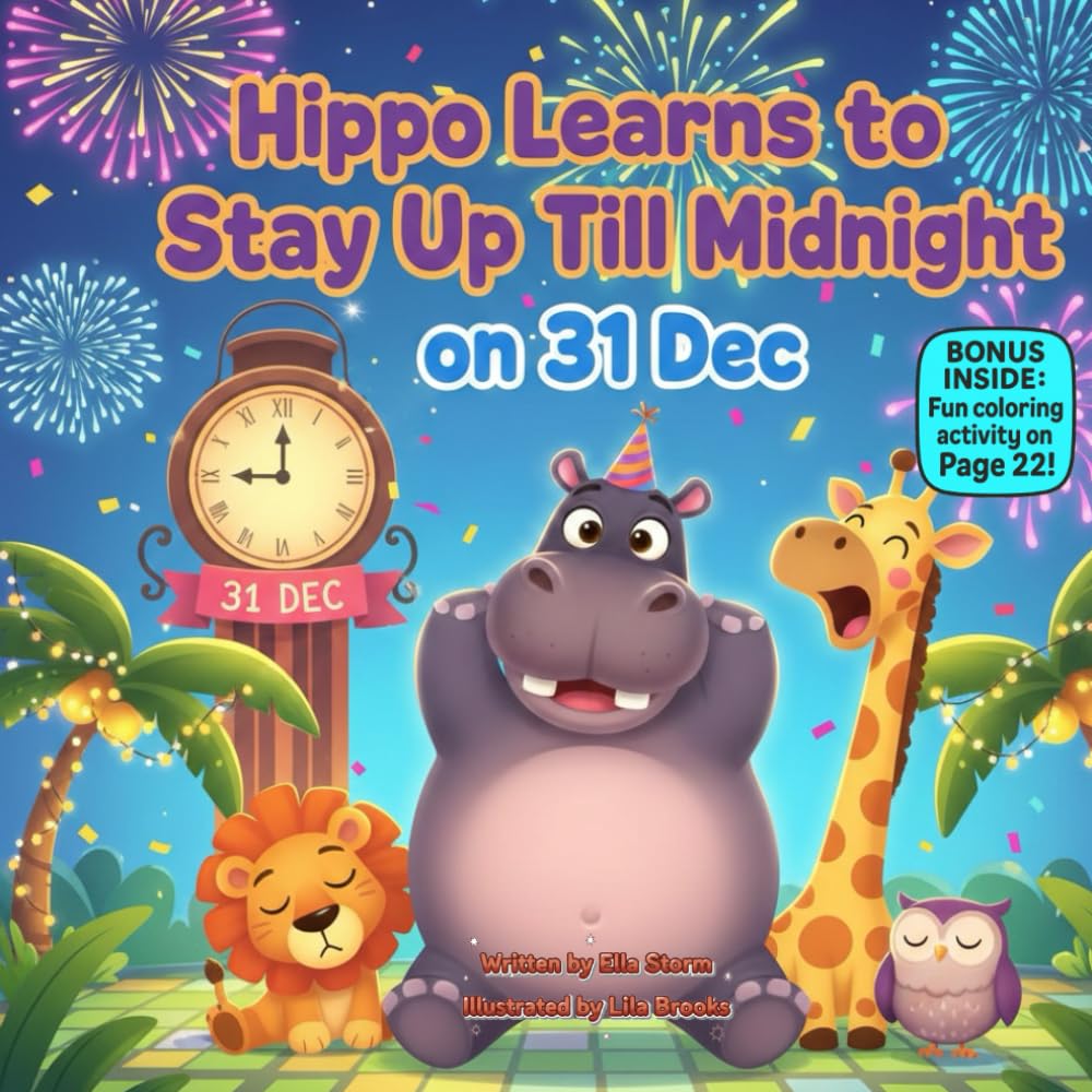 Hippo Learns to Stay Up Till Midnight on 31 Dec: A Rhyming Picture Book About New Year Excitement, Sleepiness, and Trying Your Best