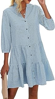 Toplop Summer Dress Women's Knee-Length 3/4 Sleeves: Fashion Shirt Dress Elegant Shirt Dress Blouse Dress Spring Midi Dress Casual Women's Dresses V-Neck Checked Plain Button Placket