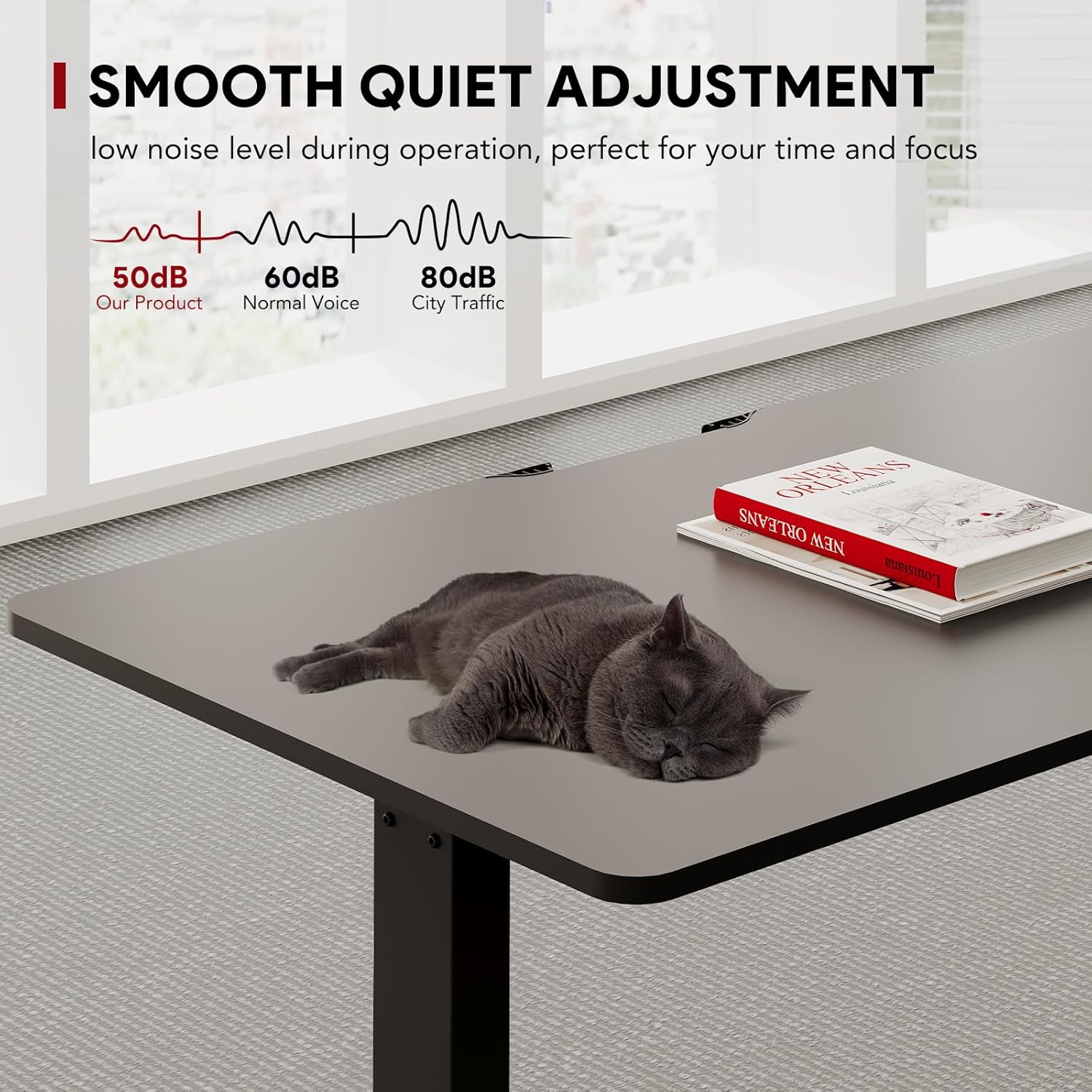 Diagram illustrating the quiet operation of the SANODESK QS1 desk.